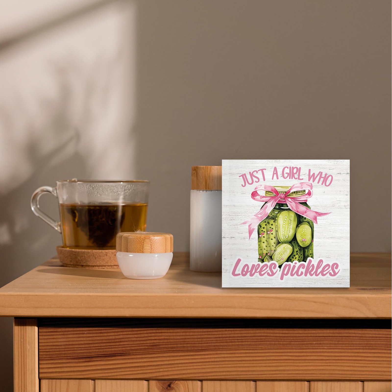 Luipk Coquette Bow Pickle Decor Wood Box Sign Desk Decor, 5″L x 5″W, White
