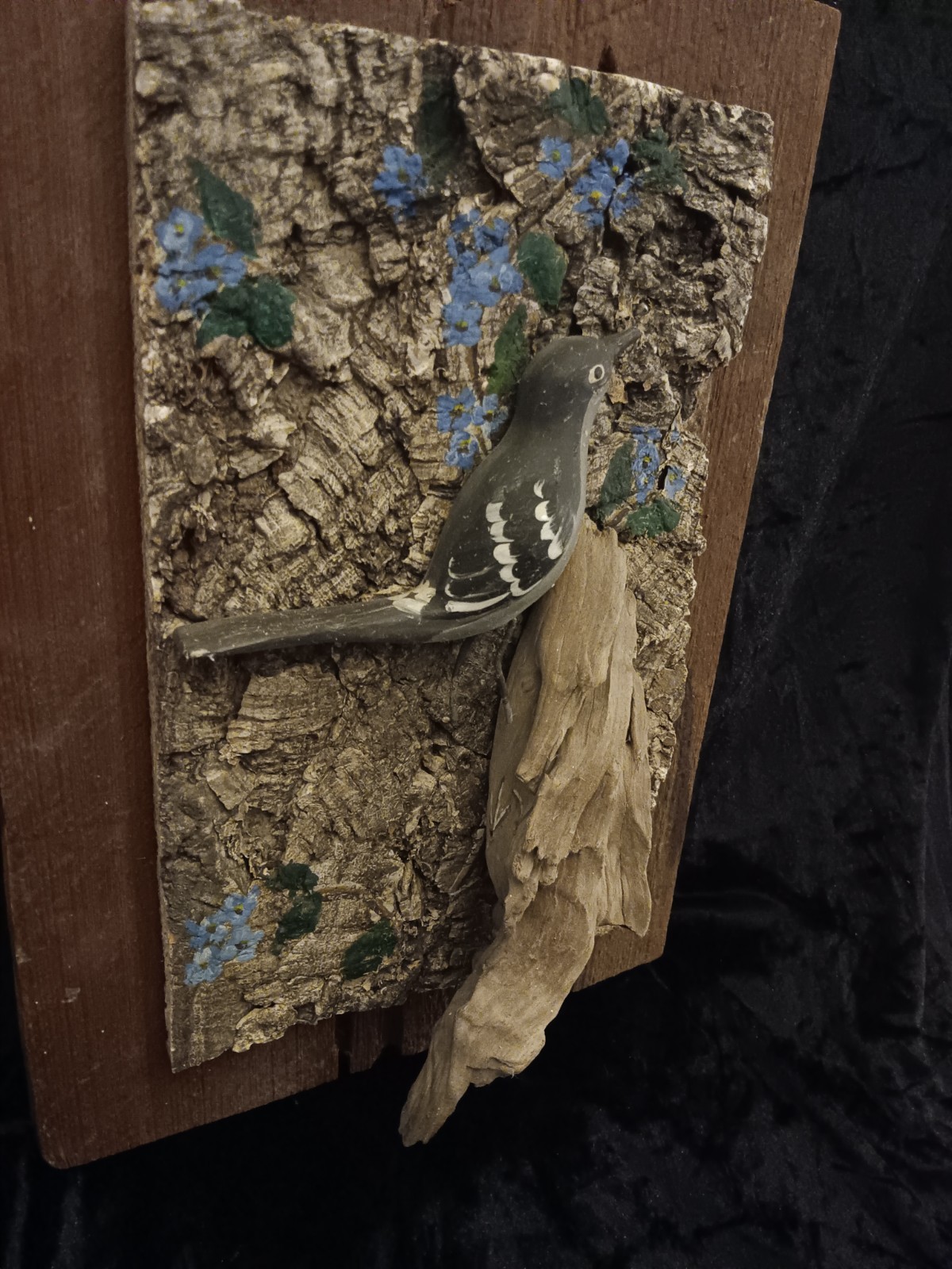 Handmade Gray Mockingbird Tree Bark Rustic Drift Wooden Wall Art Painted Flowers