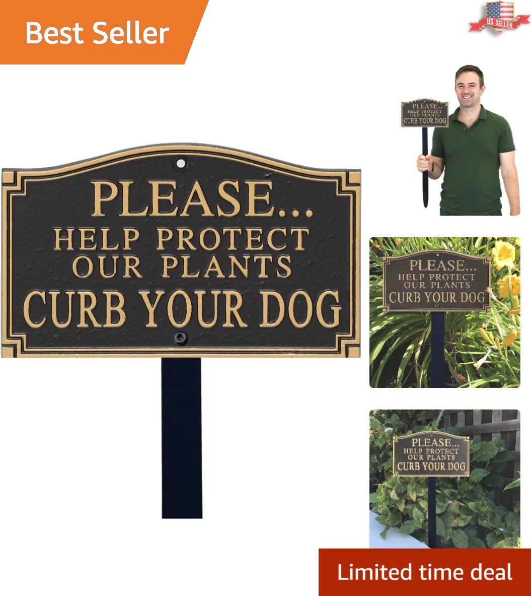 Durable Black & Gold ‘Curb Your Dog’ Plant Protection Plaque with 18″ Lawn Stake