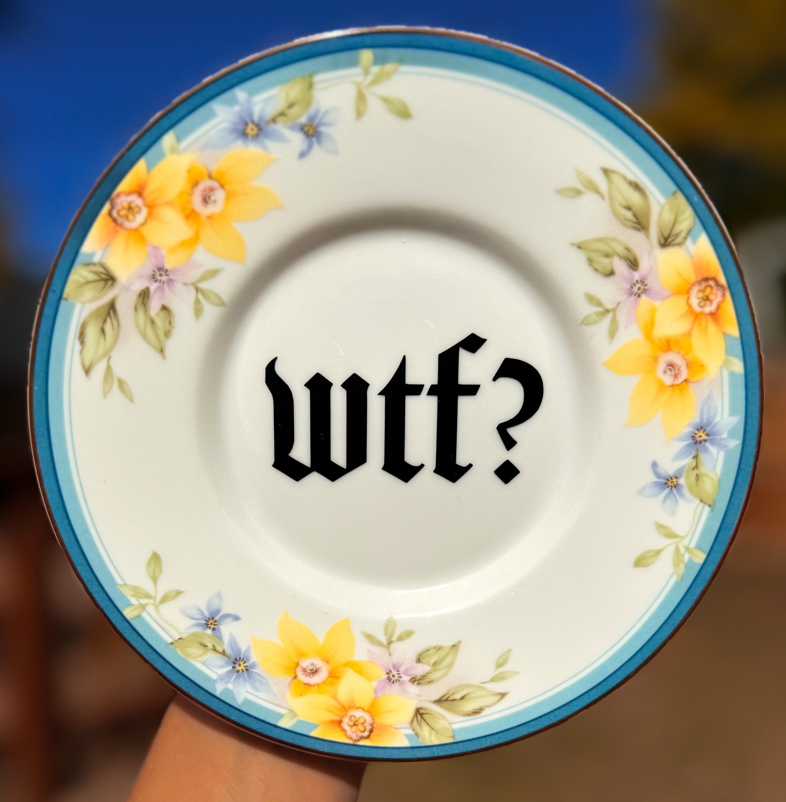 Funny “wtf?” – Vintage Hanging Handmade Blue Yellow Floral Wall Plate – 6”