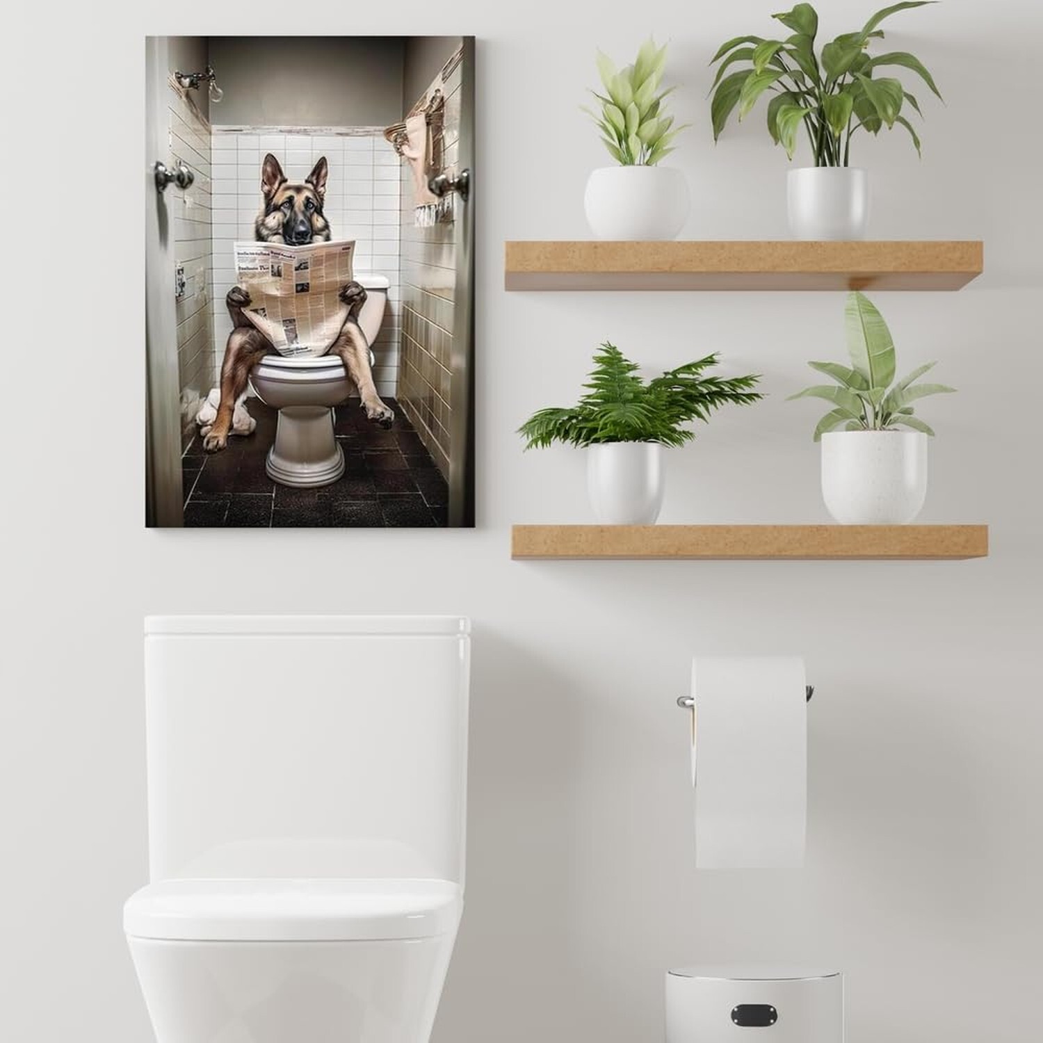 Funny Dog Bathroom Wall Art German Shepherd Dog Reading Newspaper on Toilet A…