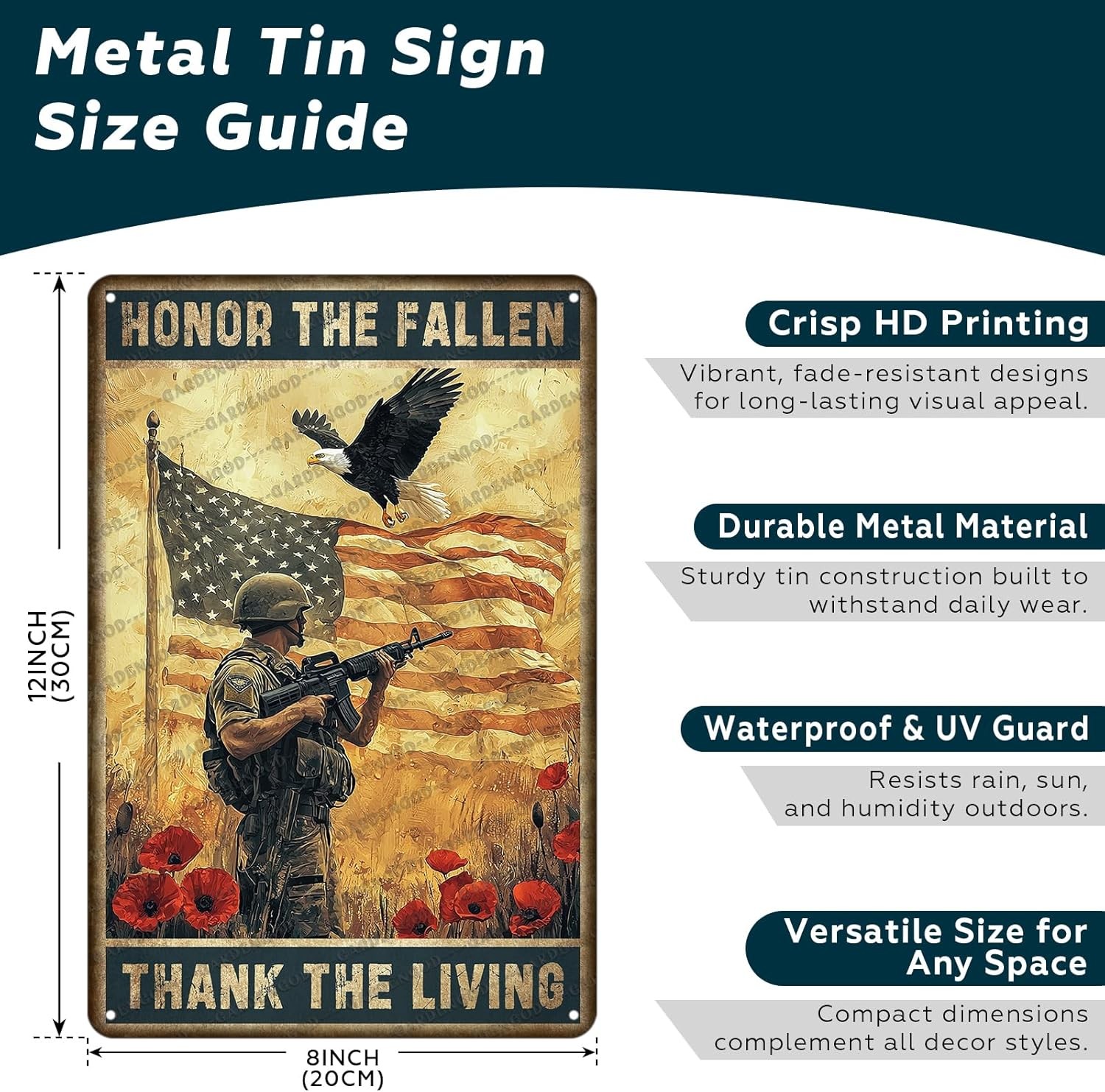 Veteran Tin Metal Sign Honor The Fallen Thank The Living Plaque 8×12