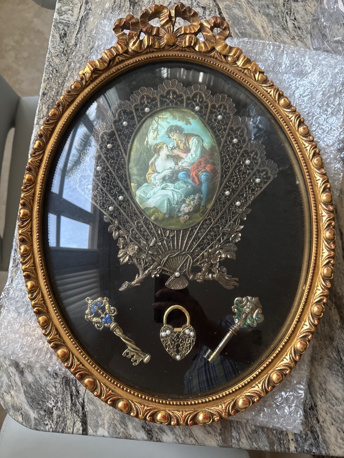 victorian style framed wall art with romantic scene, keys, and Lock