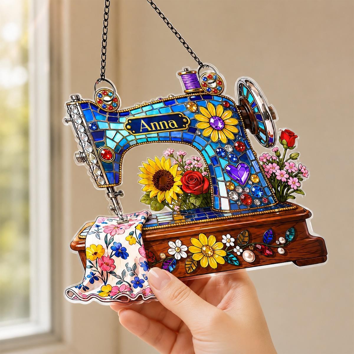Personalized Sewing Machine Acrylic Suncatcher, Floral Design QuilterCraft Space