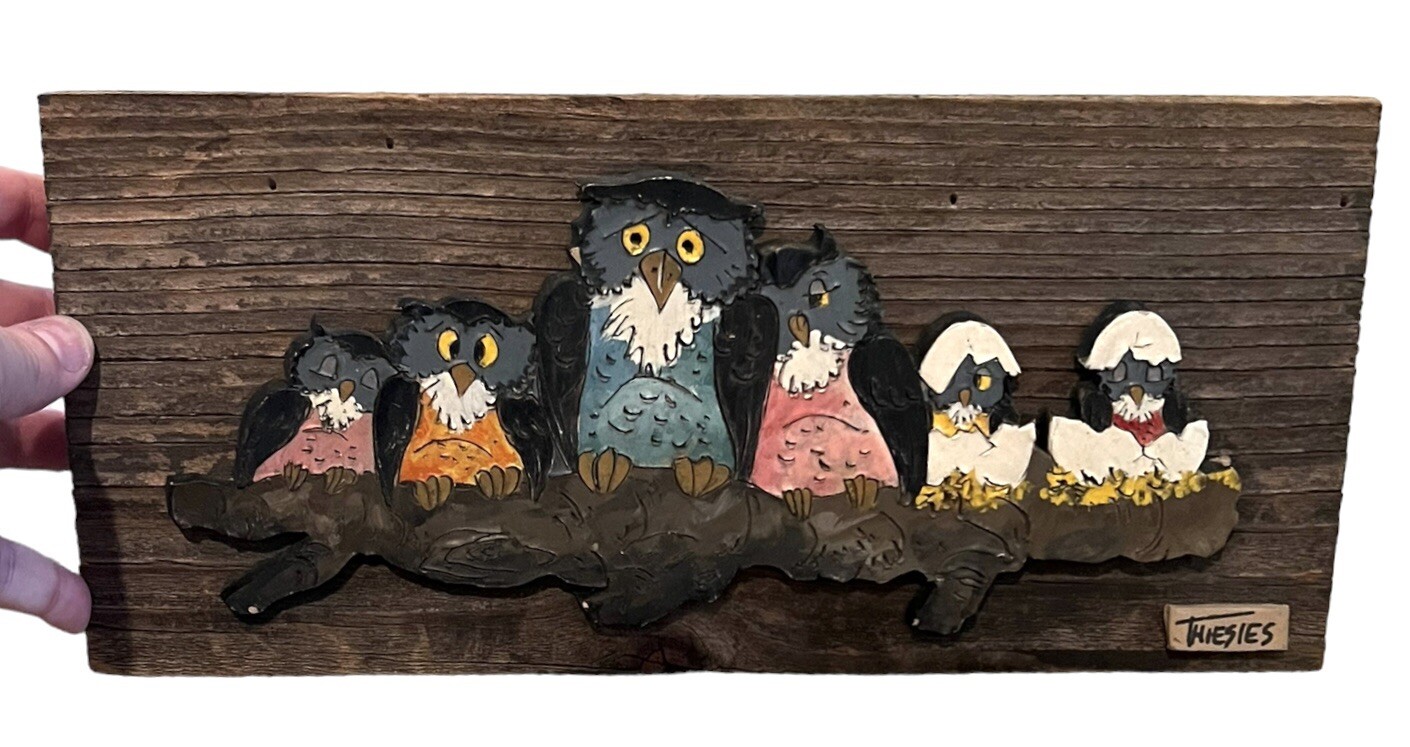 Handmade Clay Creation Wall Art Owl Family Bird OOAK Darlene Thiesies Signed
