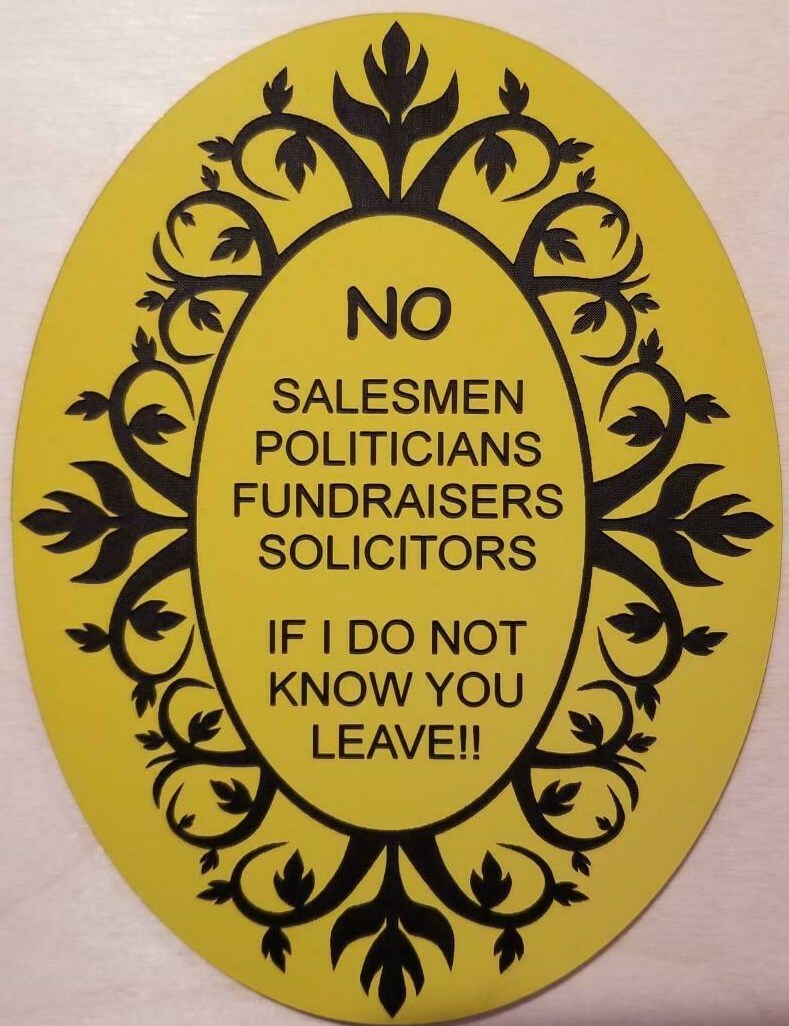 5″ X 3.8″ NO SALESEMEN POLITICIANS FUNDRAISERS SOLICITORS PLASTIC DOOR SIGN