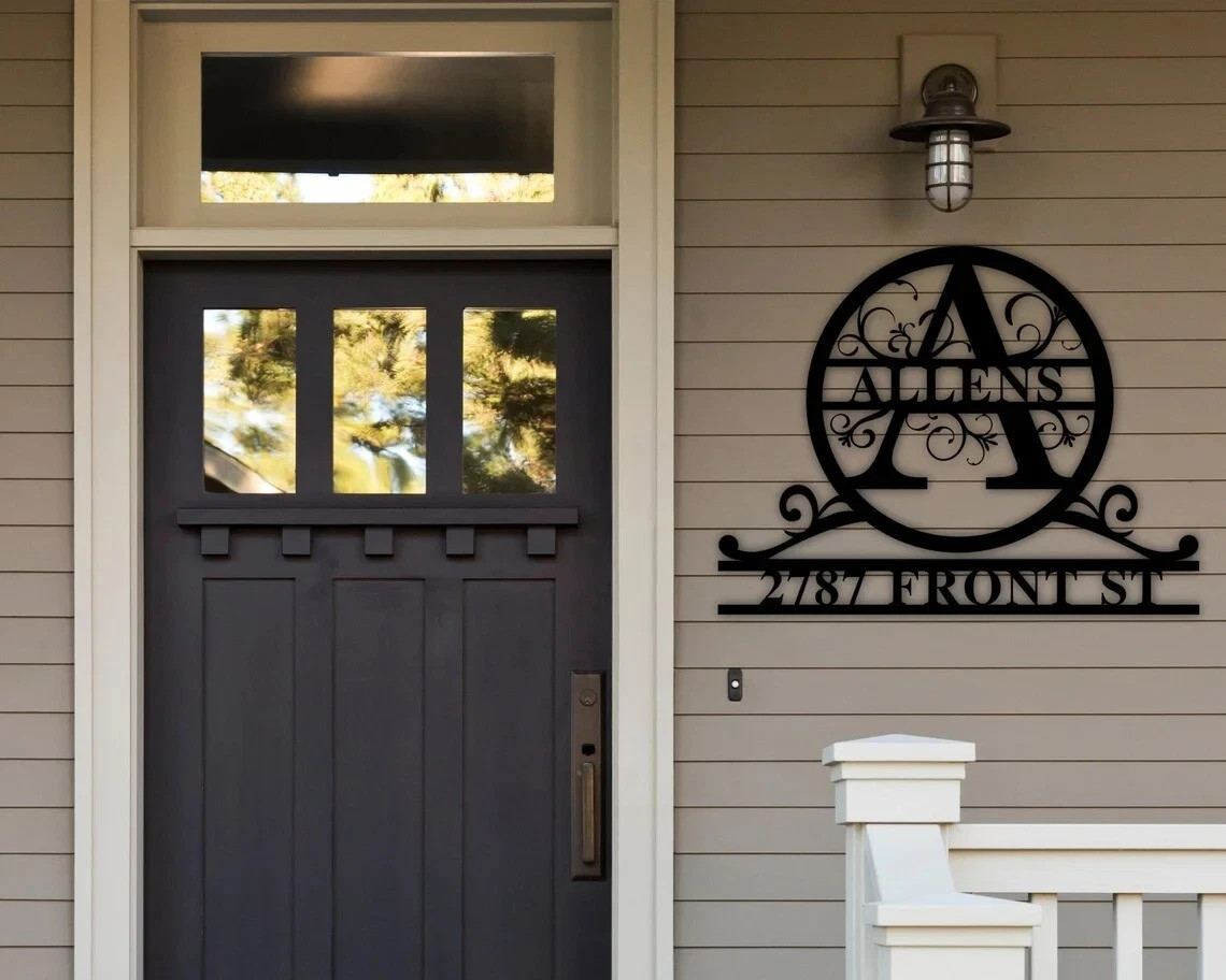 Personalized Last Name & Address Metal Sign, Custom Monogram House Number Sign