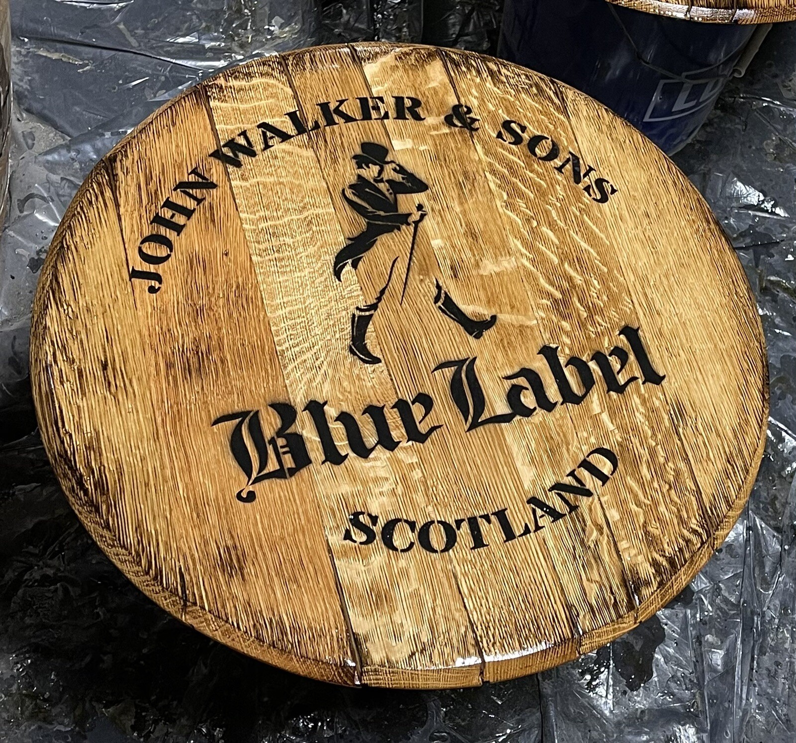 Bar Decor (Johnnie Walker Whiskey) Authentic Reclaimed Bourbon Barrel Head 21”