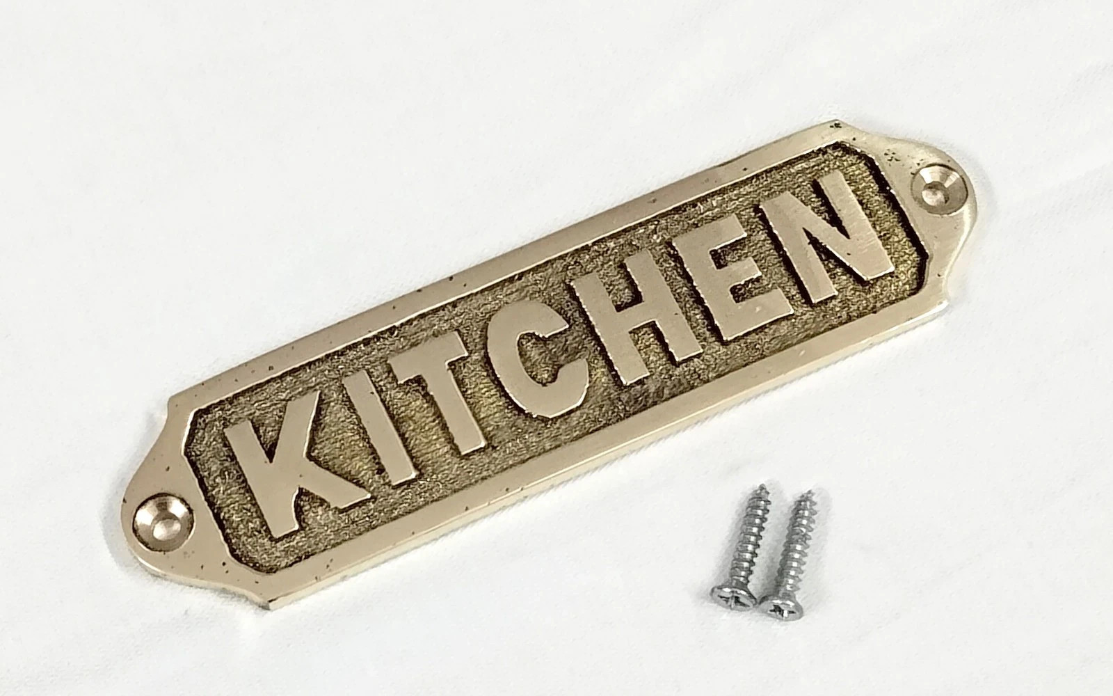 Solid Brass Kitchen Door Sign Plaque 13cm Vintage Style Plate with Screws