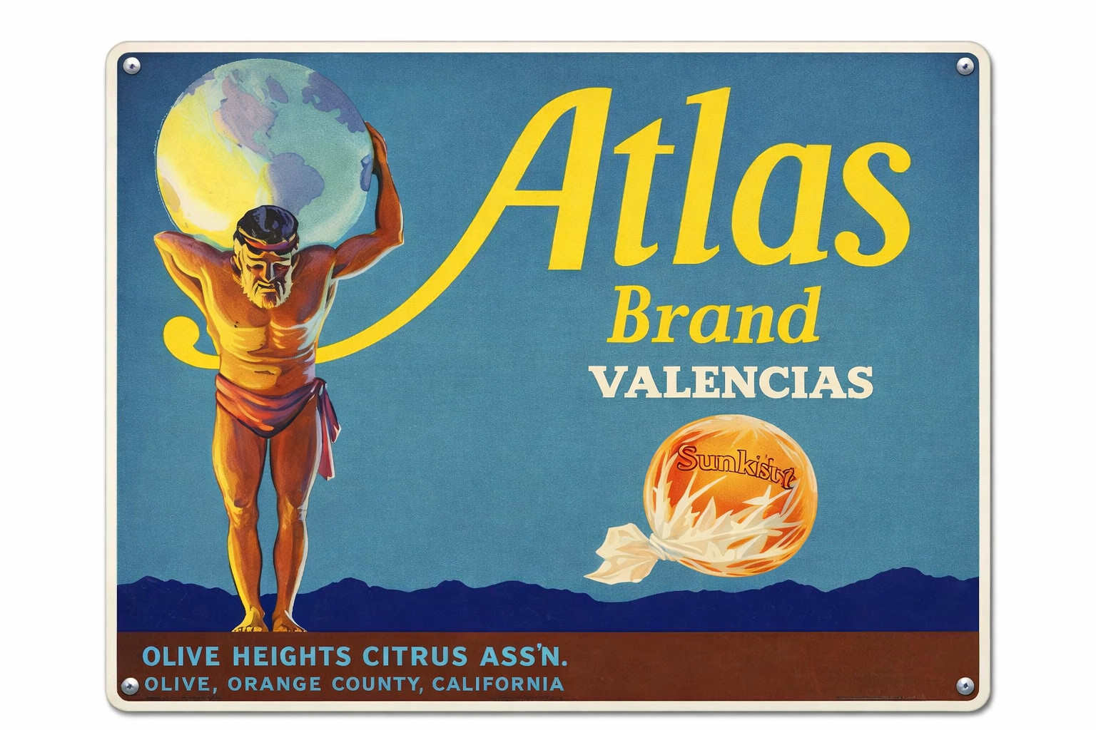 Atlas Brand Orange County California Retro Fruit Crate Label 8×12 Metal Sign