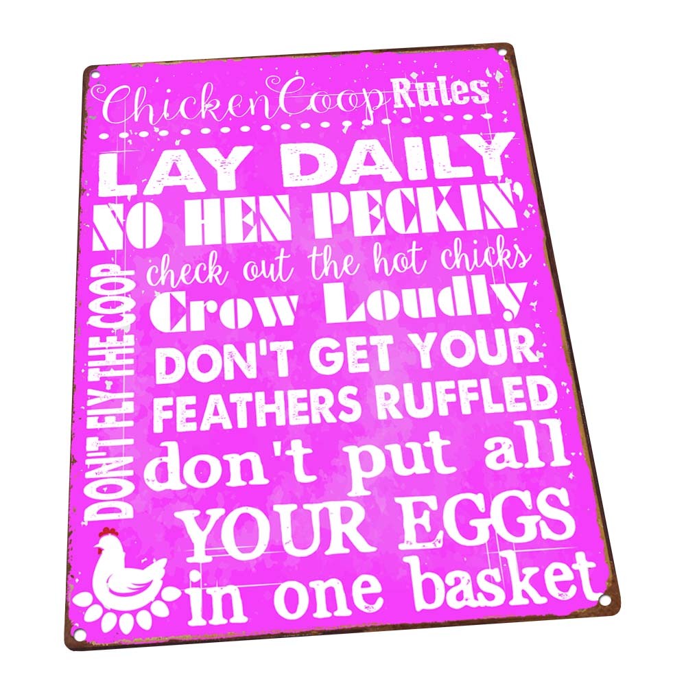 Pink Chicken Coop Rules Metal Sign; Wall Decor for Farm and Country
