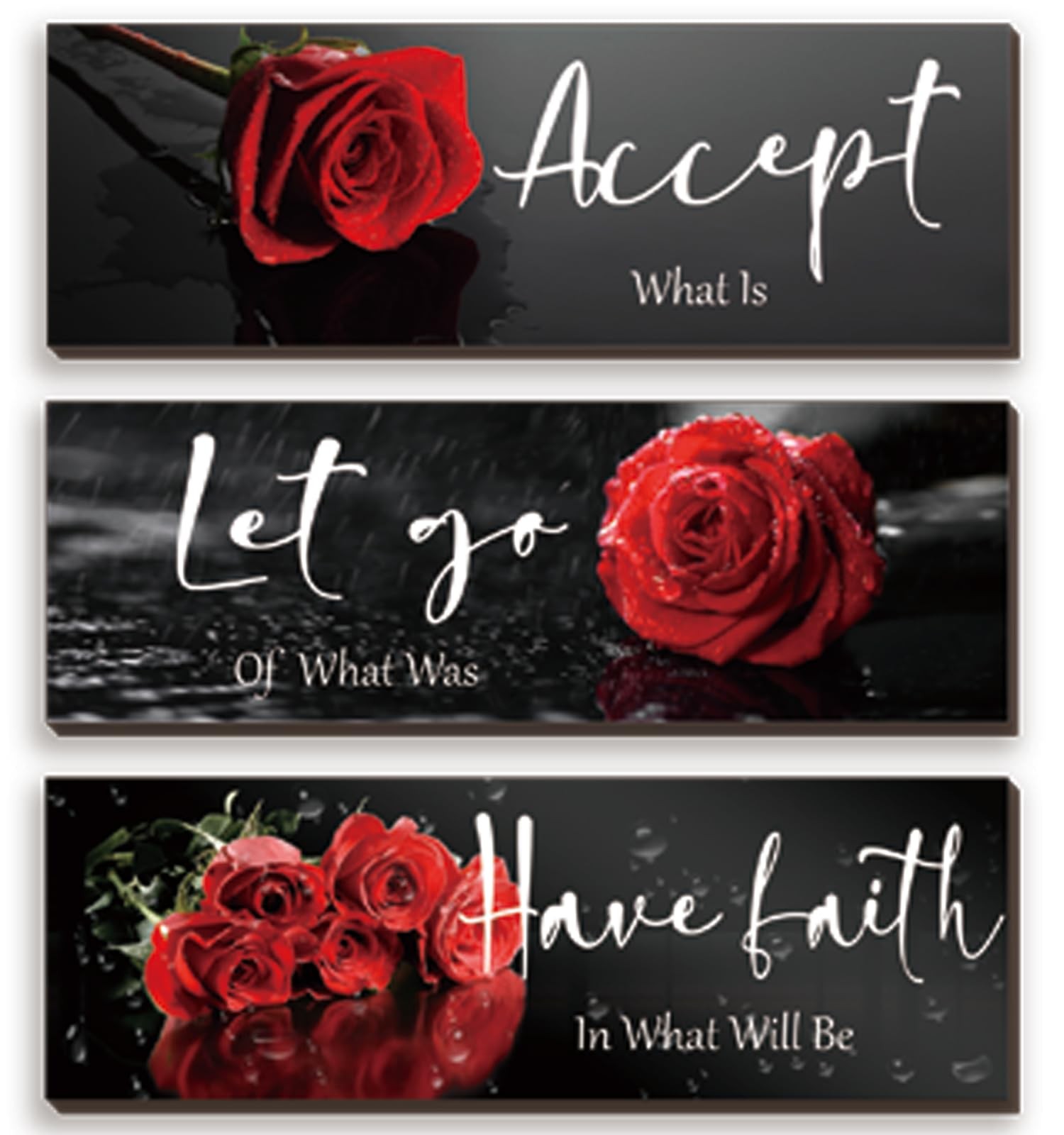 3 Pcs Red Decor Flower Inspirational Wooden Wall Art Red Roses Office Wall De…