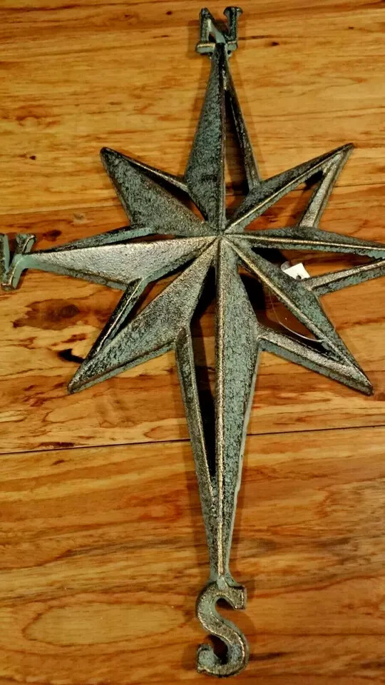Metal Iron Nautical Rose Compass Star Directional Sailing Boat Wall Beach 14×10″