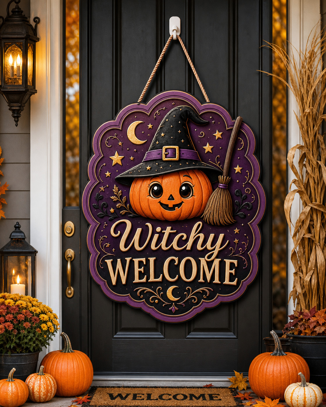 Halloween Wooden Sign Witchy Welcome Front Door Hanger for Fall Porch Entry