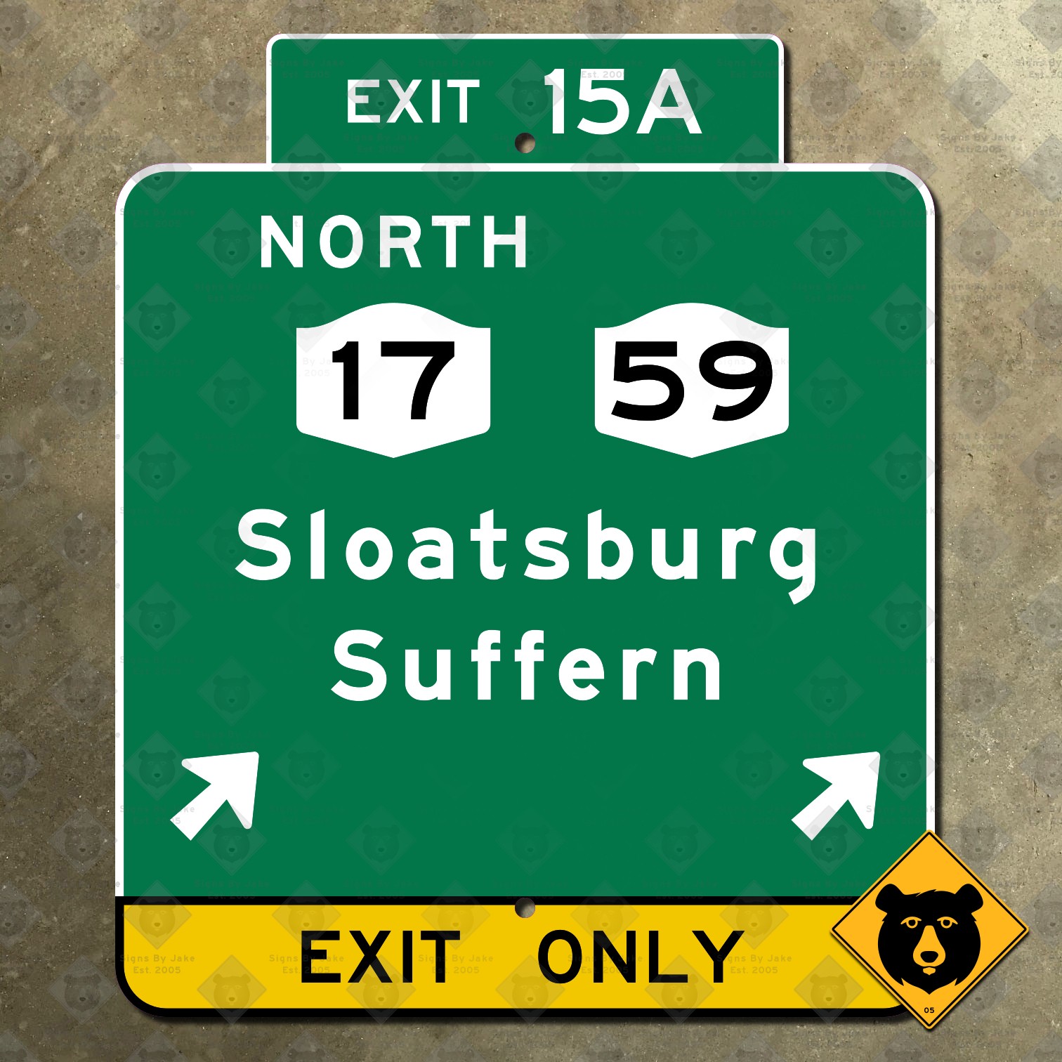 New York Thruway Exit 15A Sloatsburg Suffern highway road sign 18×15
