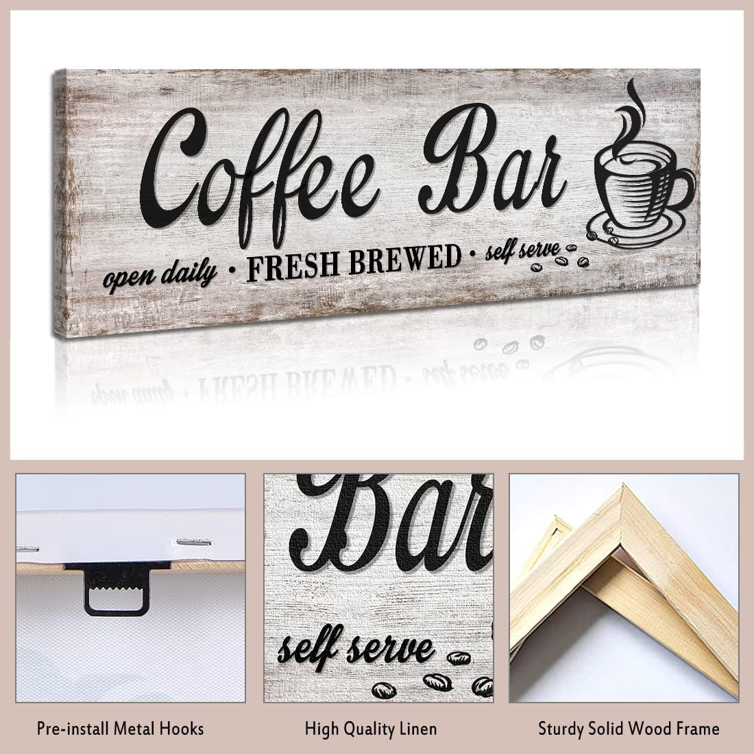 Rustic Wood Grain Coffee Station Decor – Retro Coffee Bar Signs for Kitchen – Se