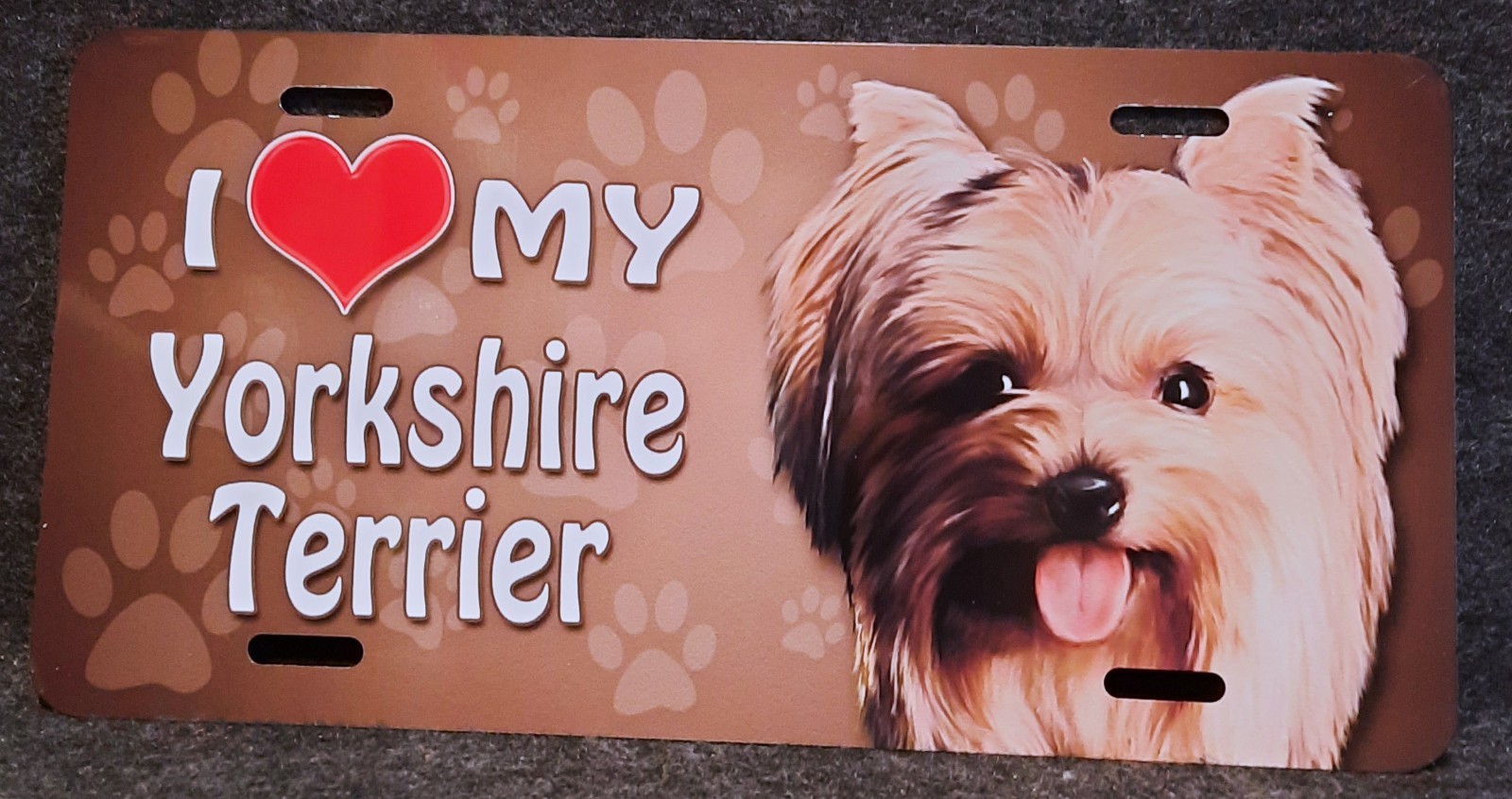 I “Heart” My Yorkshire Terrier Tin Metal Hanging Sign. Approximately 5″ X 12″.