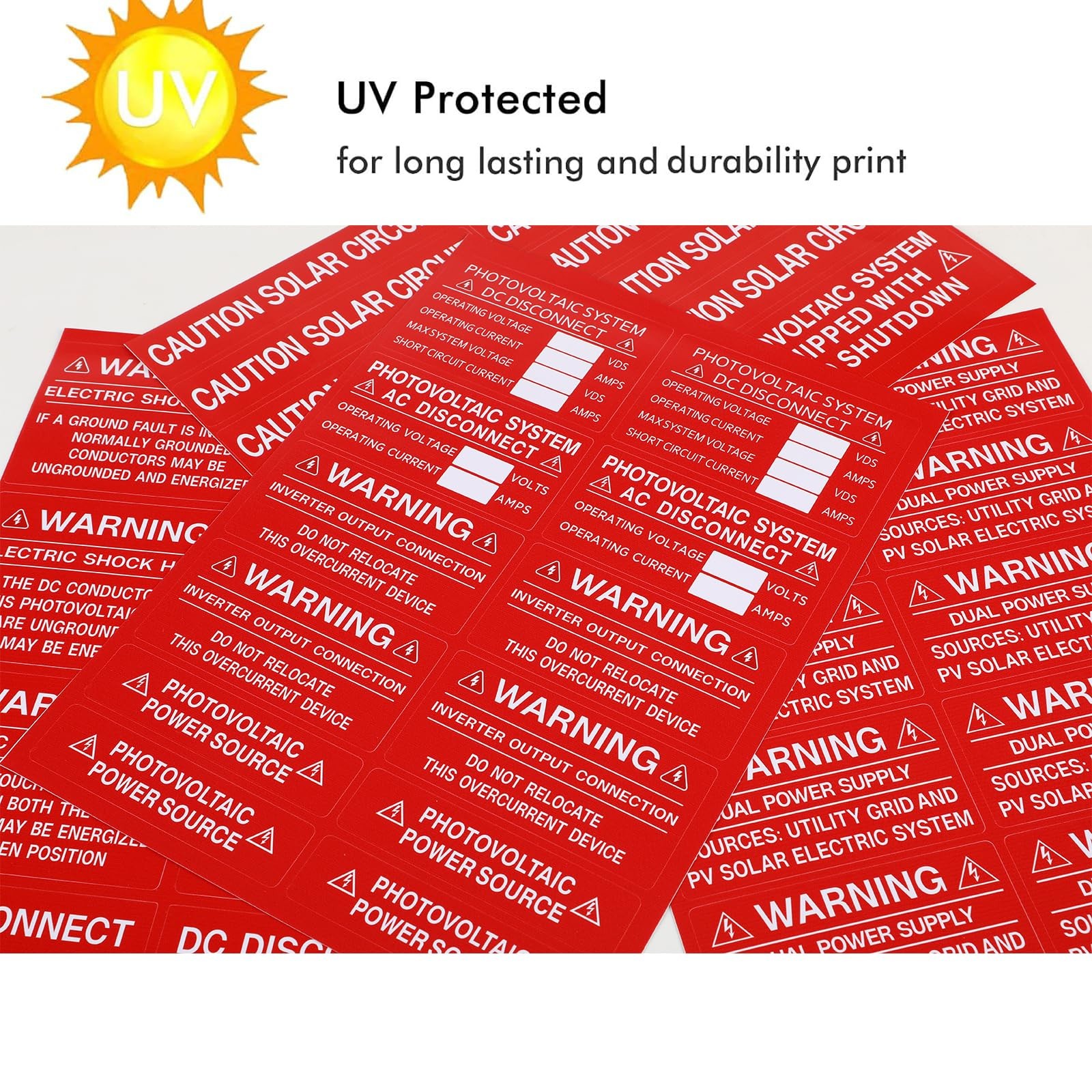 62 Pack Premium Solar PV System Labels – UV Resistant, Safety Warning Red
