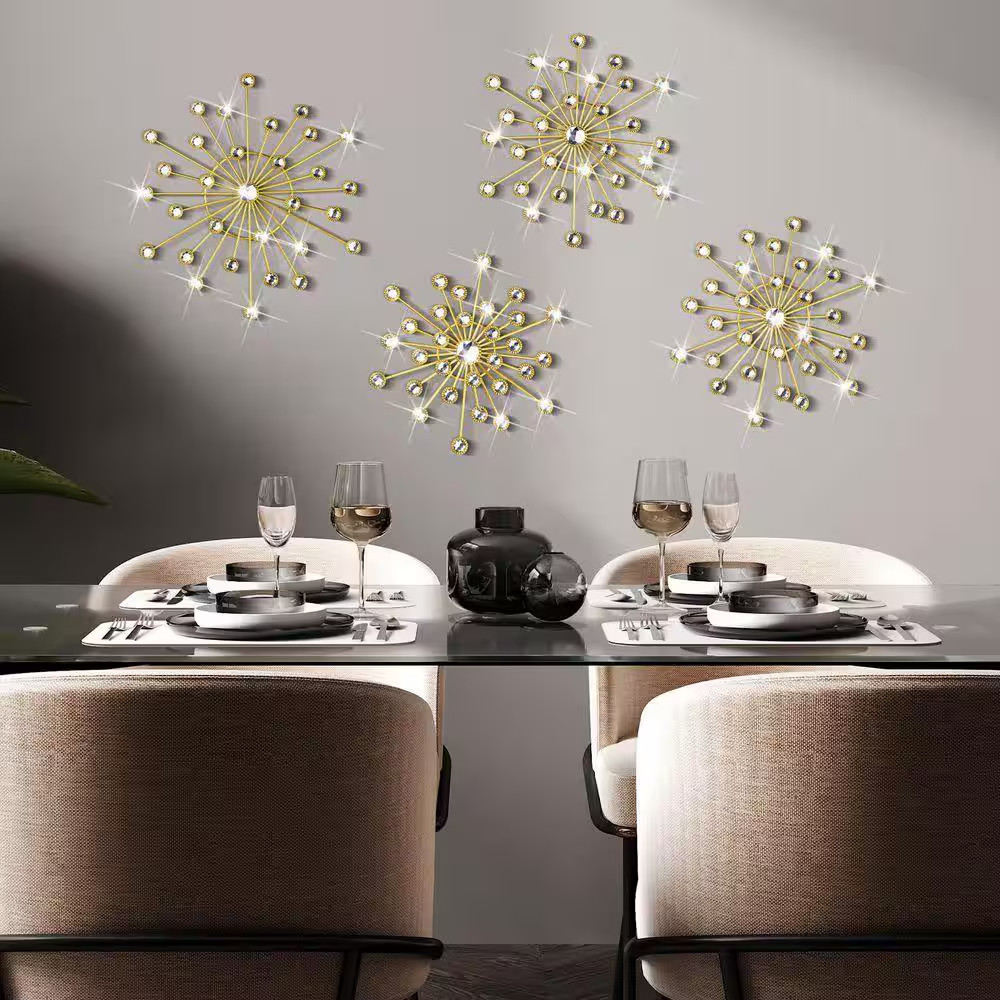 4-Pack 11.8 in X 11.8 in Gold Metal Wall Decor Sparkling Crystal Wall Decor Home