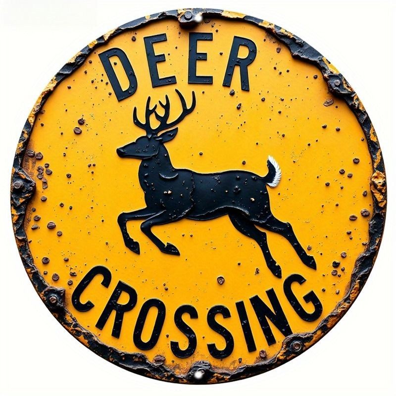 Vintage Deer Crossing Metal Sign Round Rustic Road Warning Wall Art Decoration