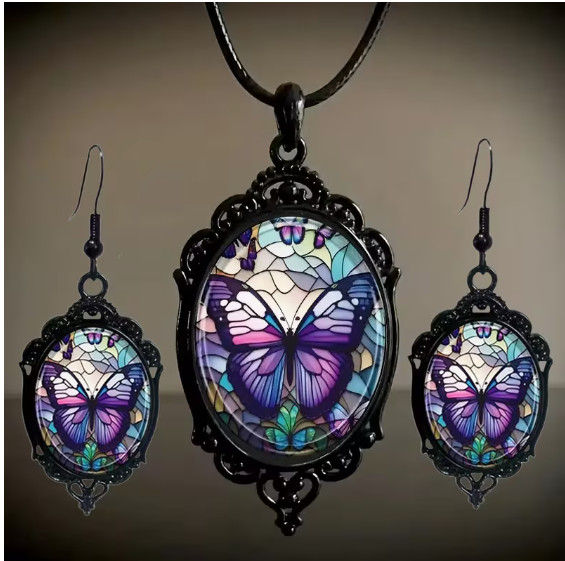 NECKLACE-3pcs Purple Butterfly Necklace with Glass Pendant and Earrings