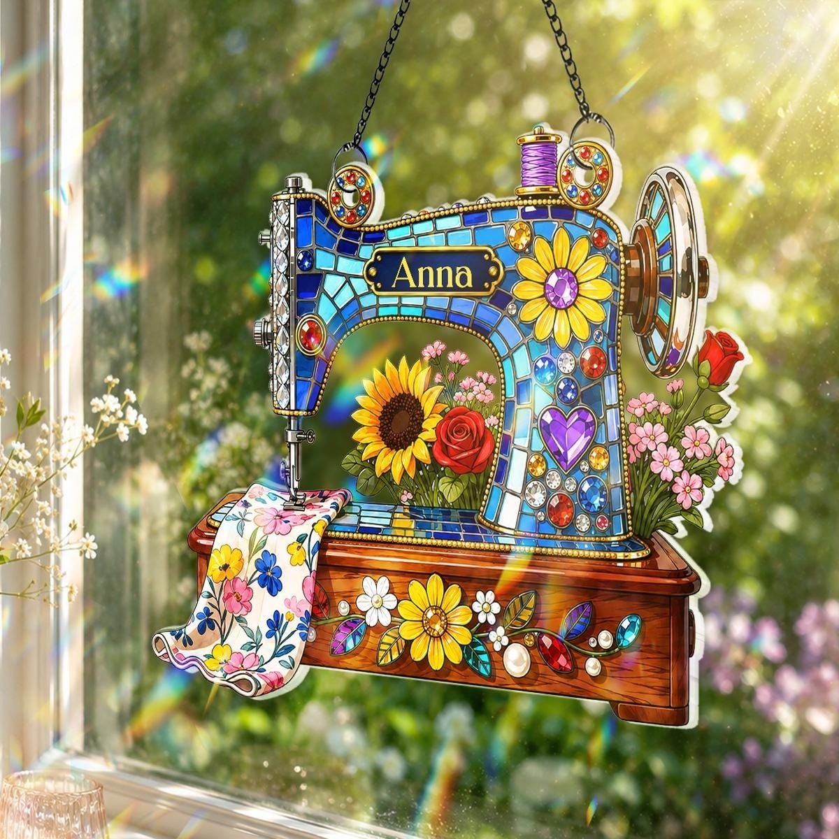 Personalized Sewing Machine Acrylic Suncatcher, Floral Design QuilterCraft Space