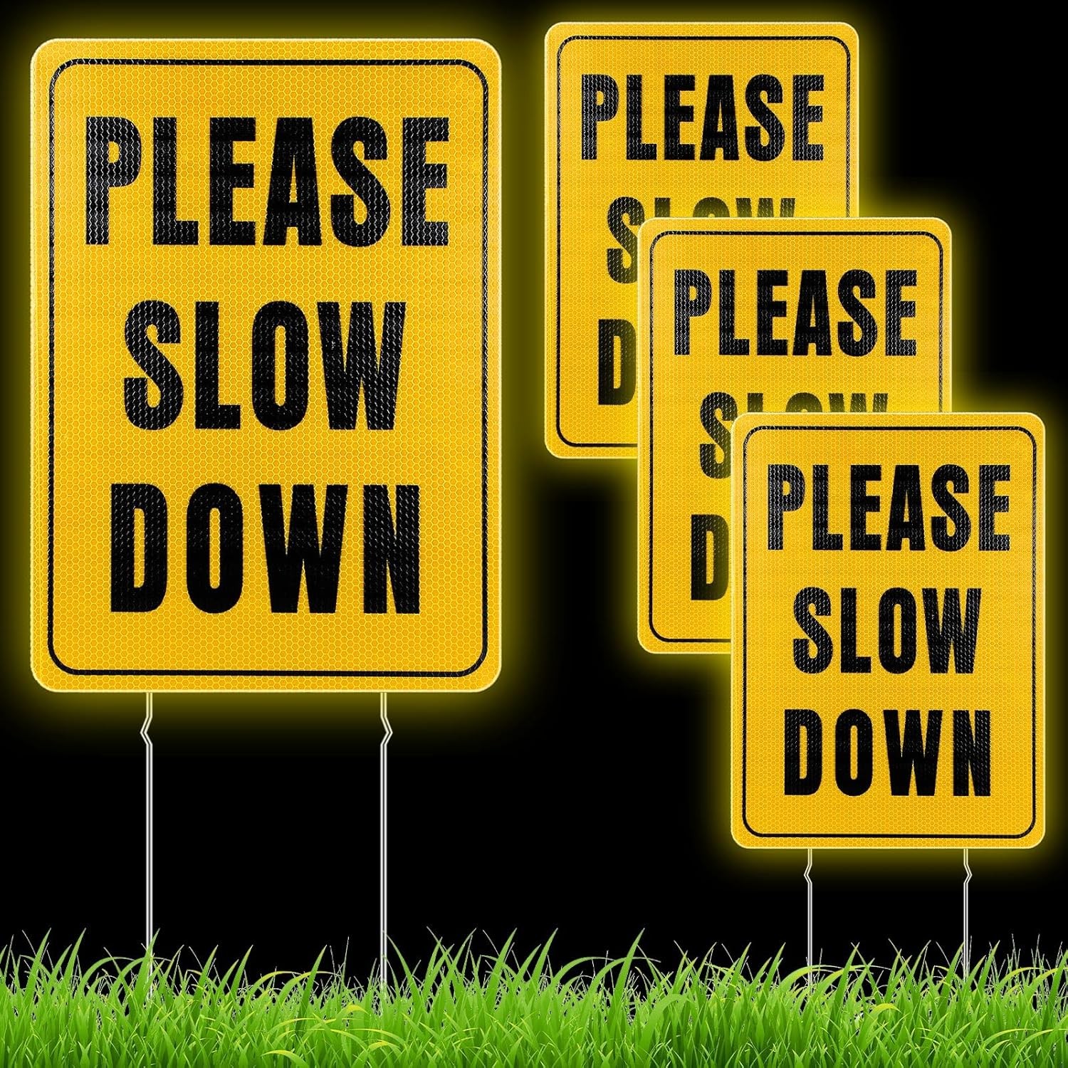 15.7 x 11.8 Inch Reflective Slow Down Signs 4 Pcs Metal Stake Road Signs