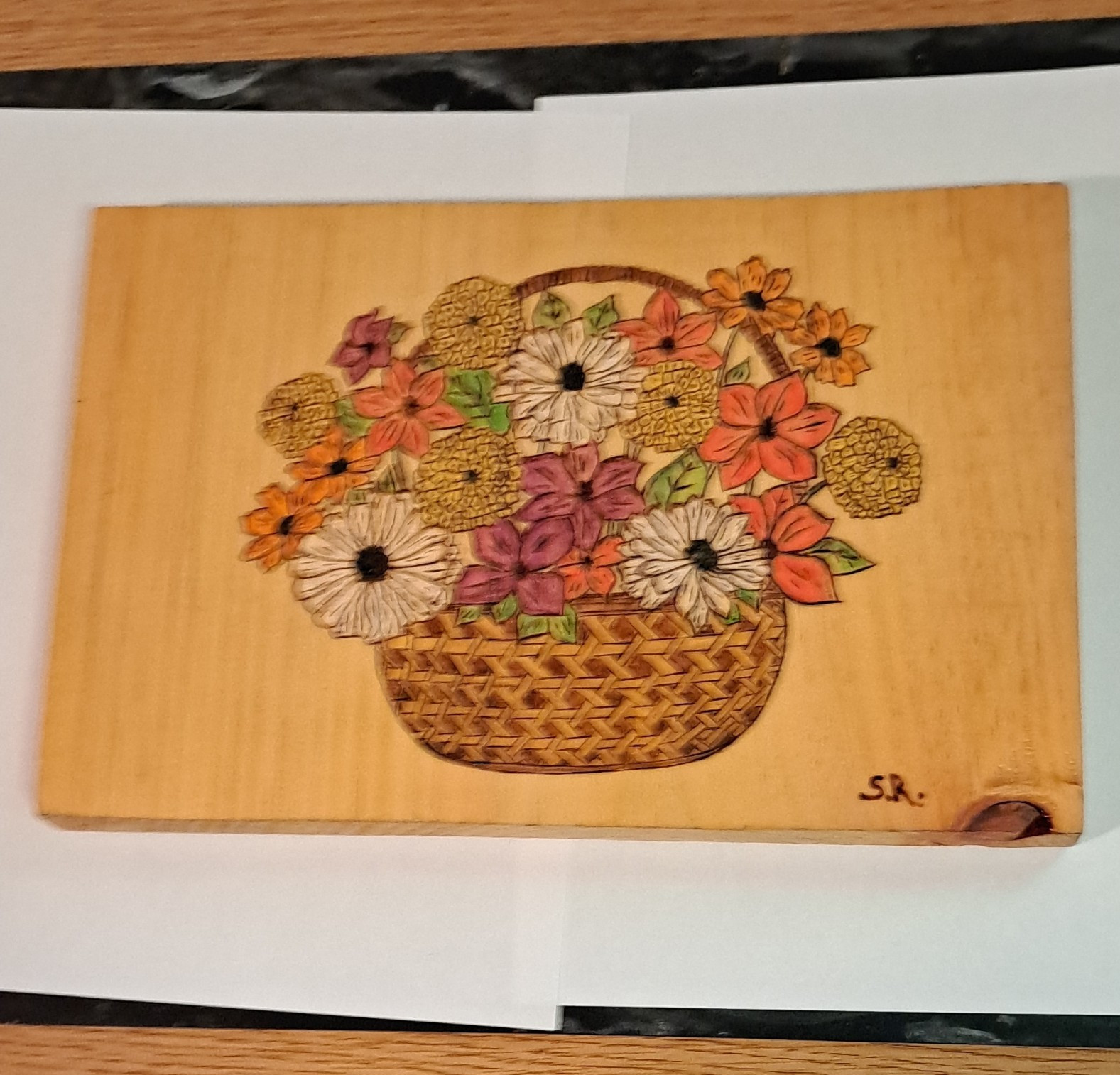 Hand-Painted Wood Rectangle Wall Plaque, Floral Basket Flowers, Woodburning
