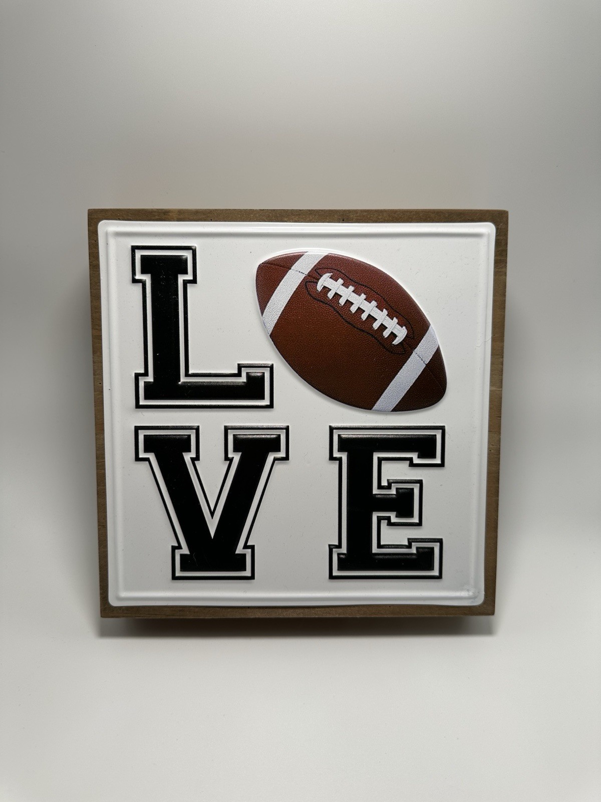 Football Love Sign Metal Wood 7.15” Length X 7.15” Width 1.8” Depth