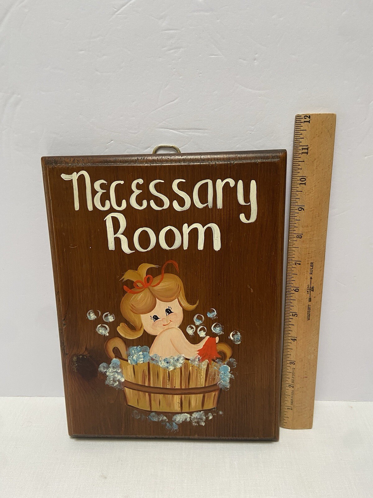 Wooden Hand Painted Wall Art Plaque Bathroom Girl Bubbles Necessary Room Boudoir