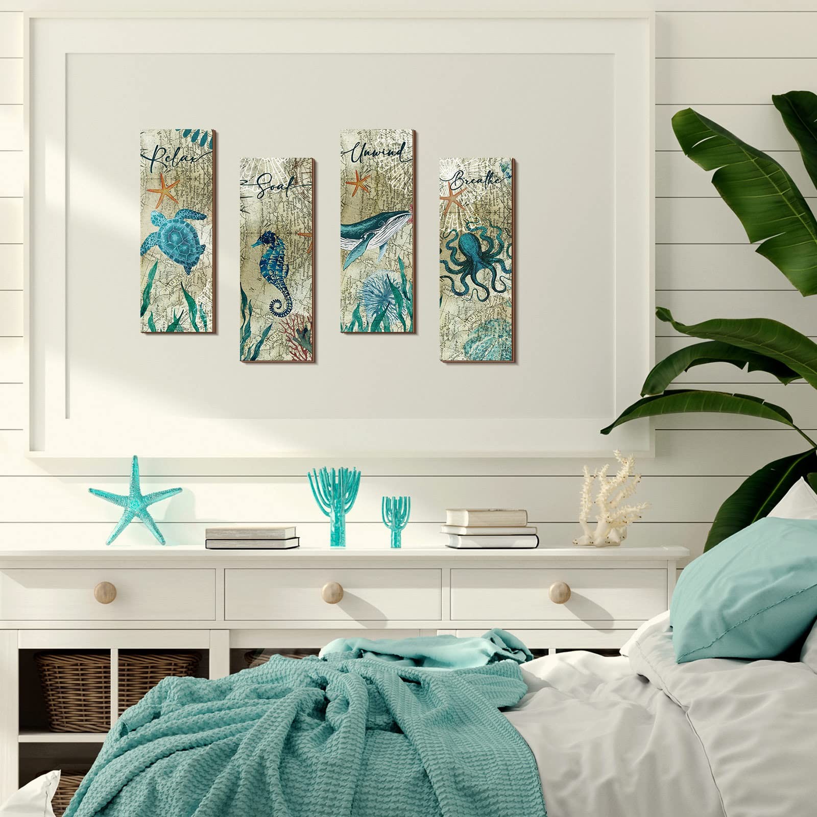4 Pieces Beach Bathroom Decor Wall Sign Ocean Decor Sea Turtle Wall Art Nautical