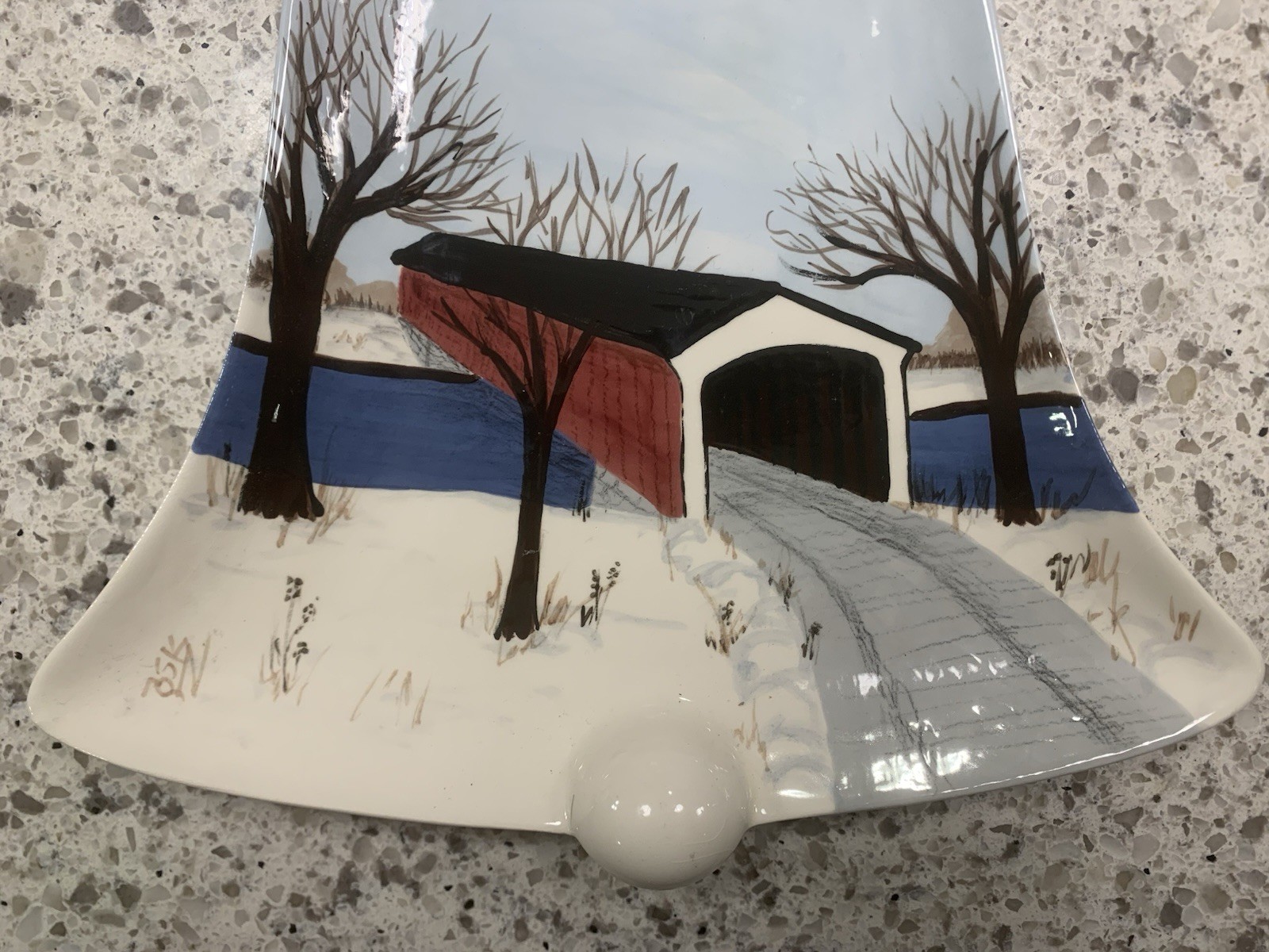 Hand painted Ceramic Bell Wall Plaque Winter Covered Bridge Billie Creek Village