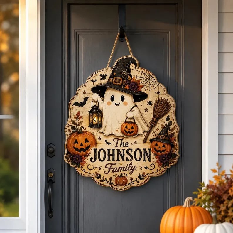 Personalized Halloween Ghost Door Hanger, Custom Family Name Wooden Sign