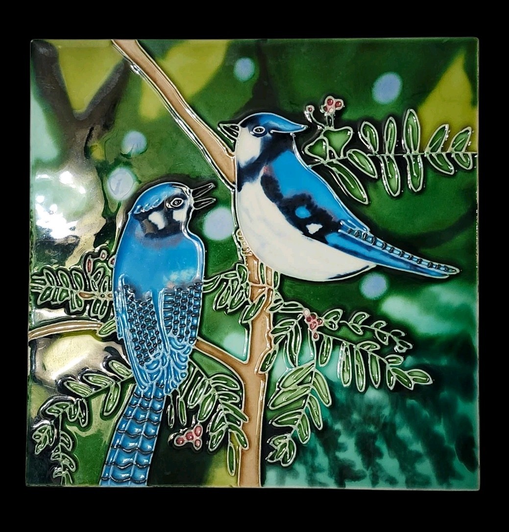 Blue Jays On A Box Elder With Berries Decorative TILE 8″x8″ Hanging or Standing