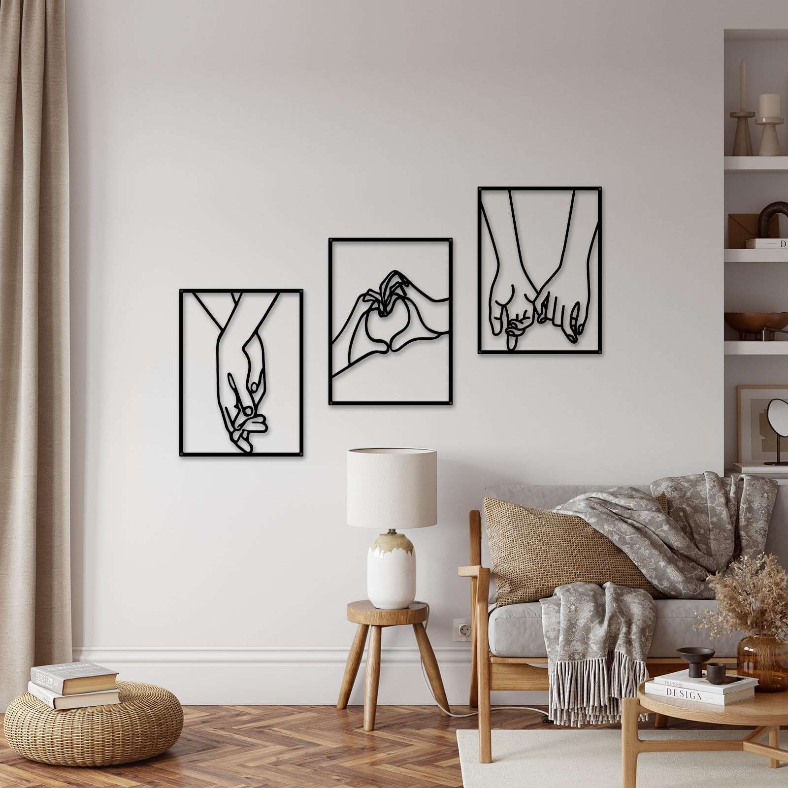 3 PCS Minimalist Heart Hands Black Metal Wall Decor Single Line Art Abstract