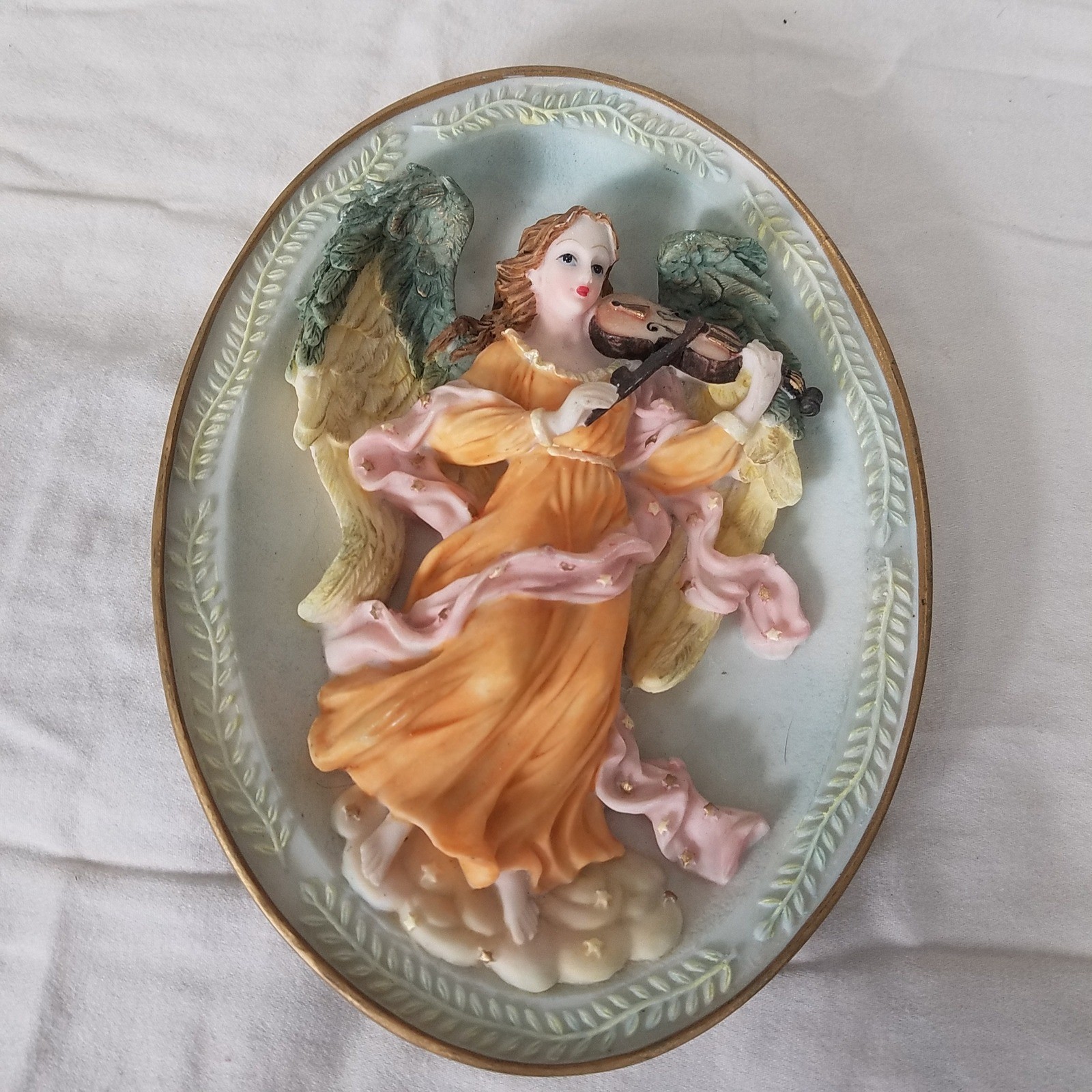 Angel Wall Plaque 8in Blue Orange Excellent 3D Violin Relief oval