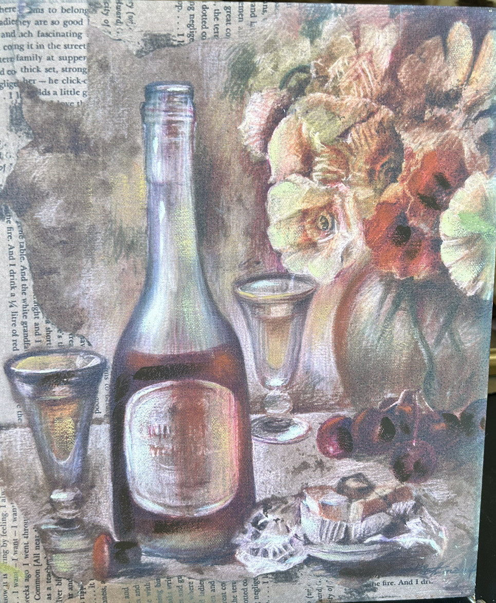 🌼12 X 10 Muted Shades Red Beige Wine Picture Stretched Onto Wood Plaque