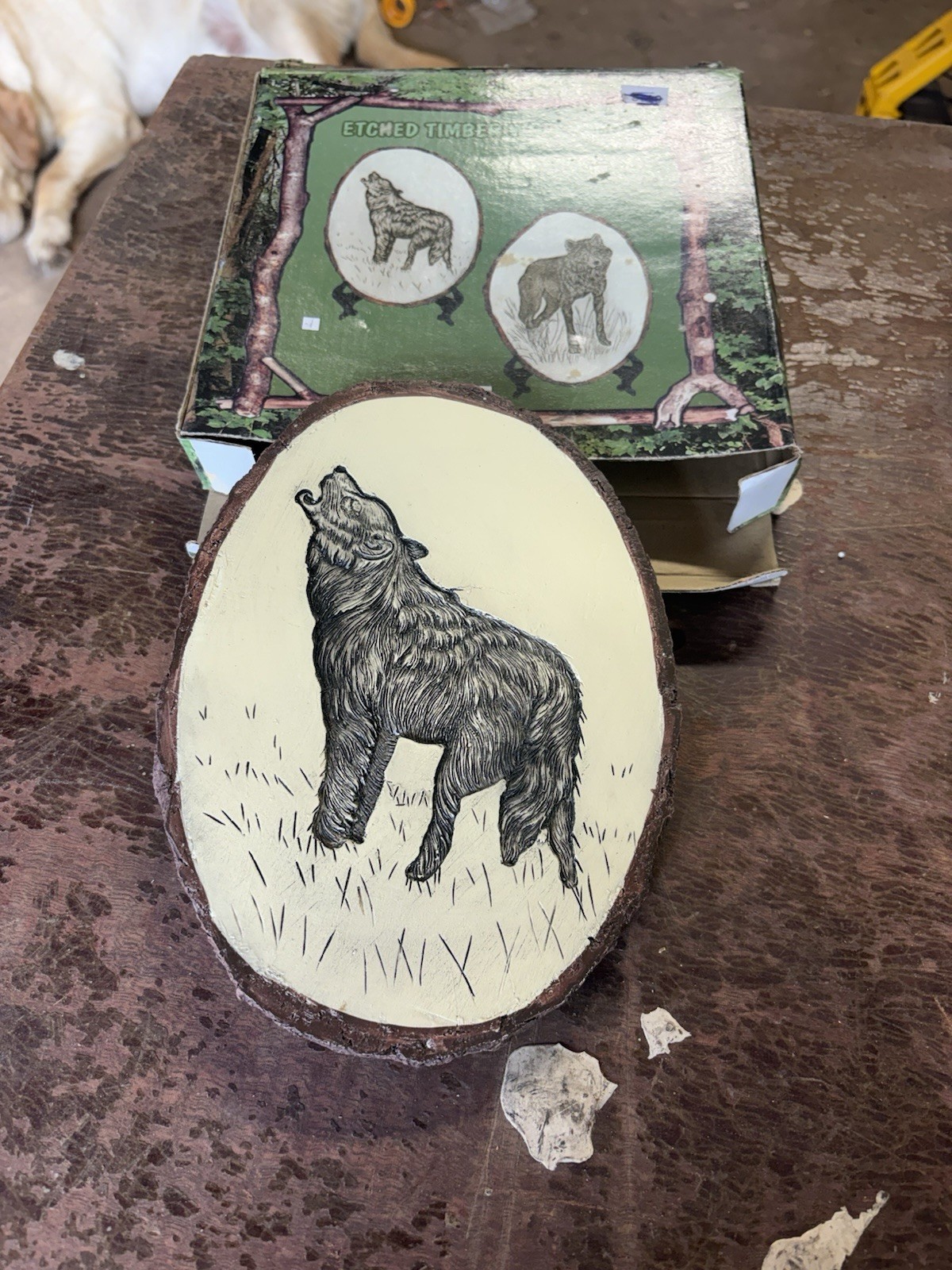Engraved Wood Timber Wolf Oval Plaque Rustic Wall Hanging Decor
