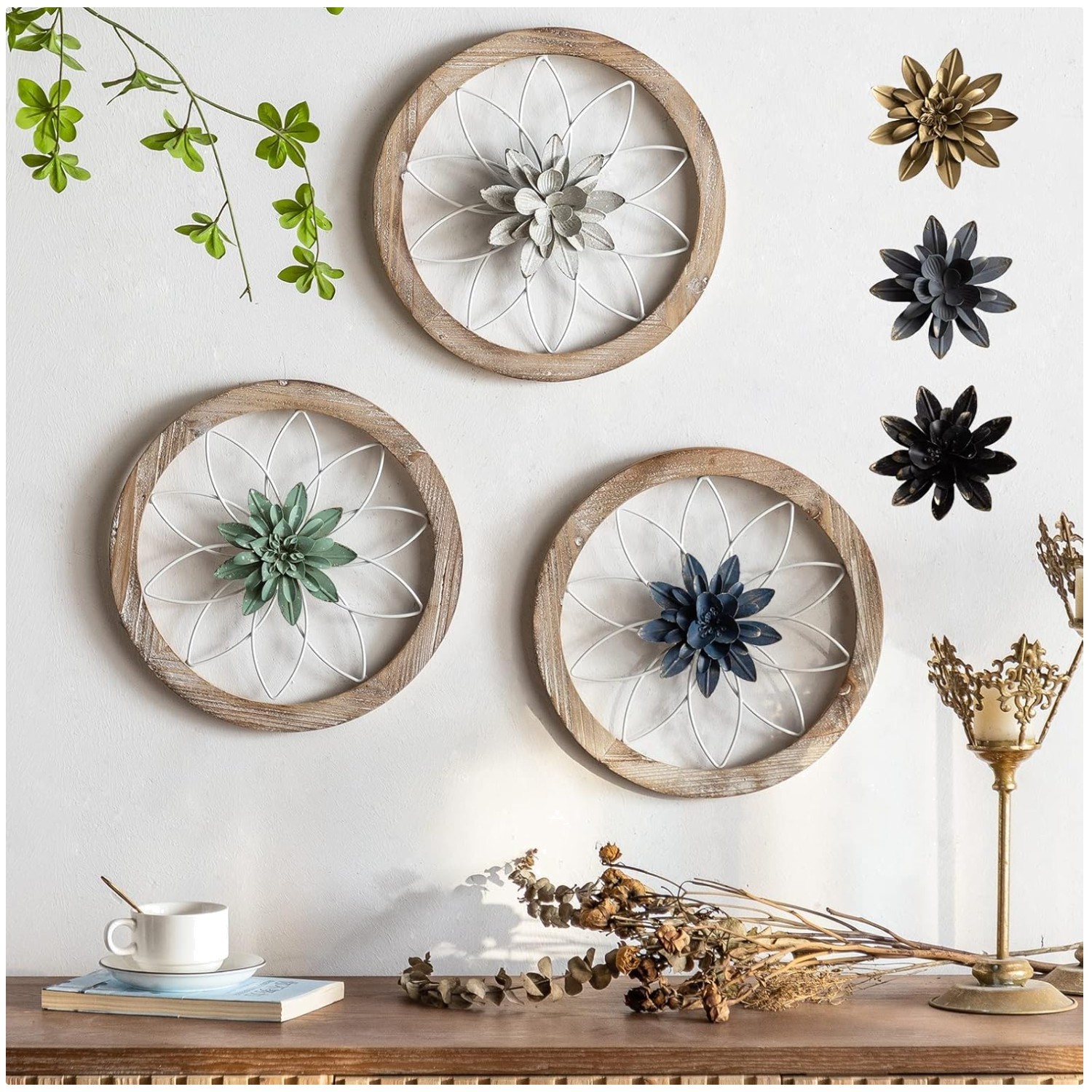 Rustic Farmhouse Wall Decor Set with Interchangeable Flowers