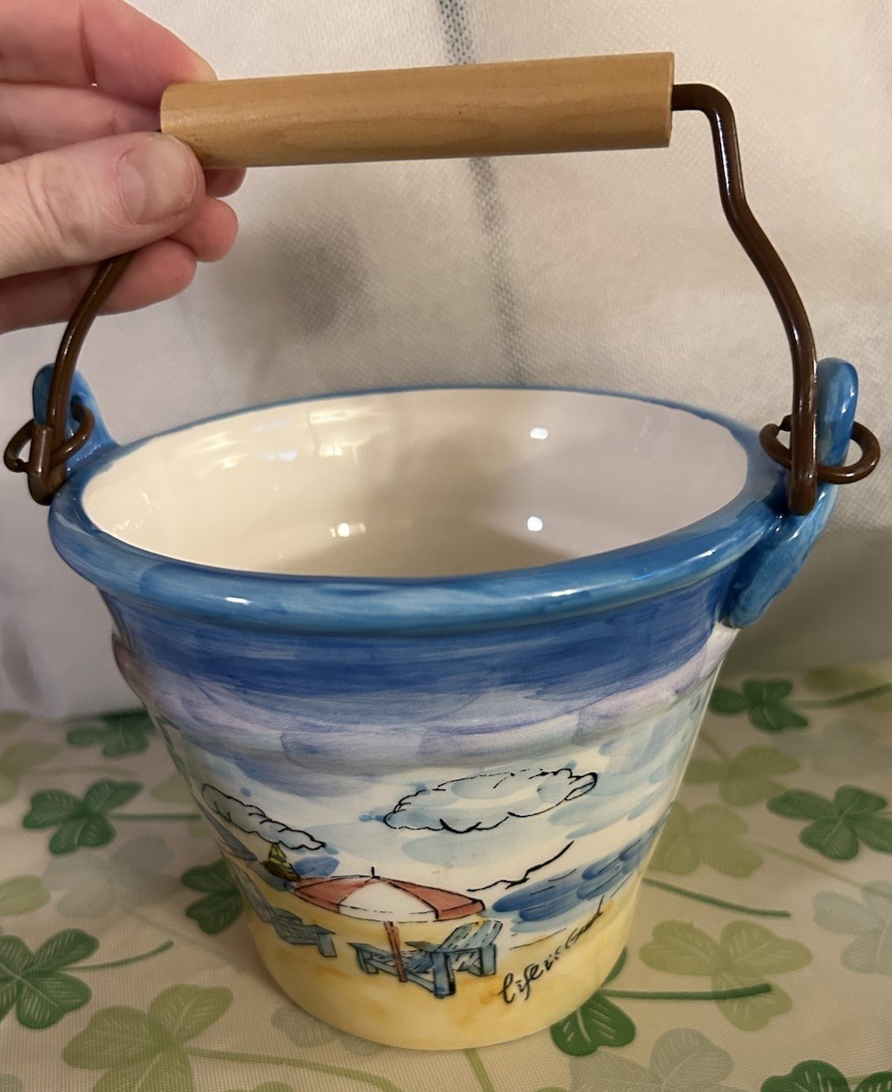 Life Is Good Ceramic Bucket With Wood Handle & Beach Scenery
