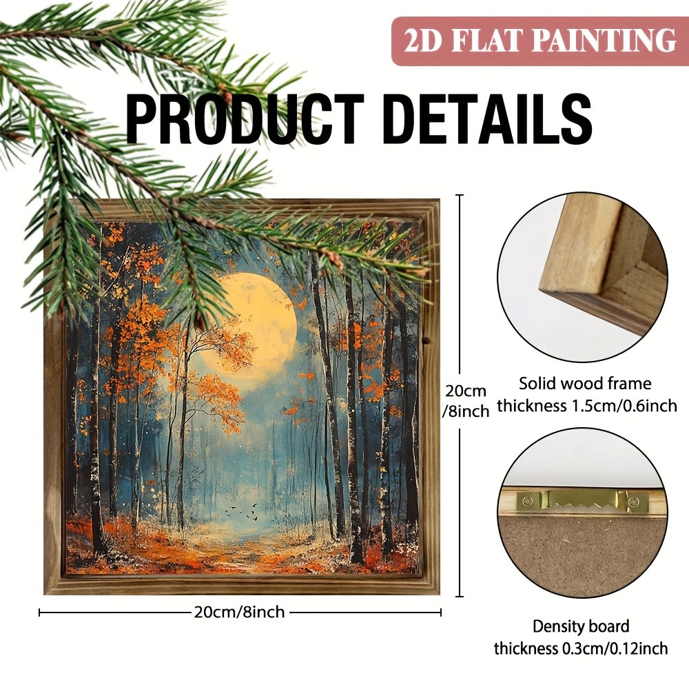 Wooden Frame Print Full Moon Autumn Forest Night Oil Painting Wall Decor