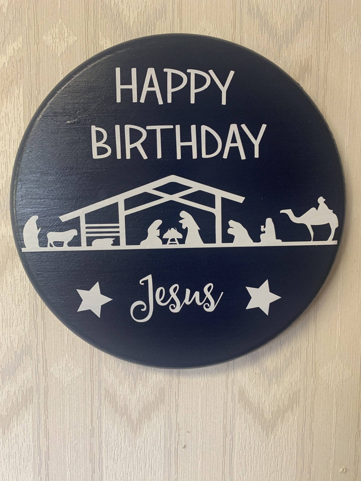 Wood Happy Birthday Jesus Sign Vinyl Letters and Decals, Dark Blue