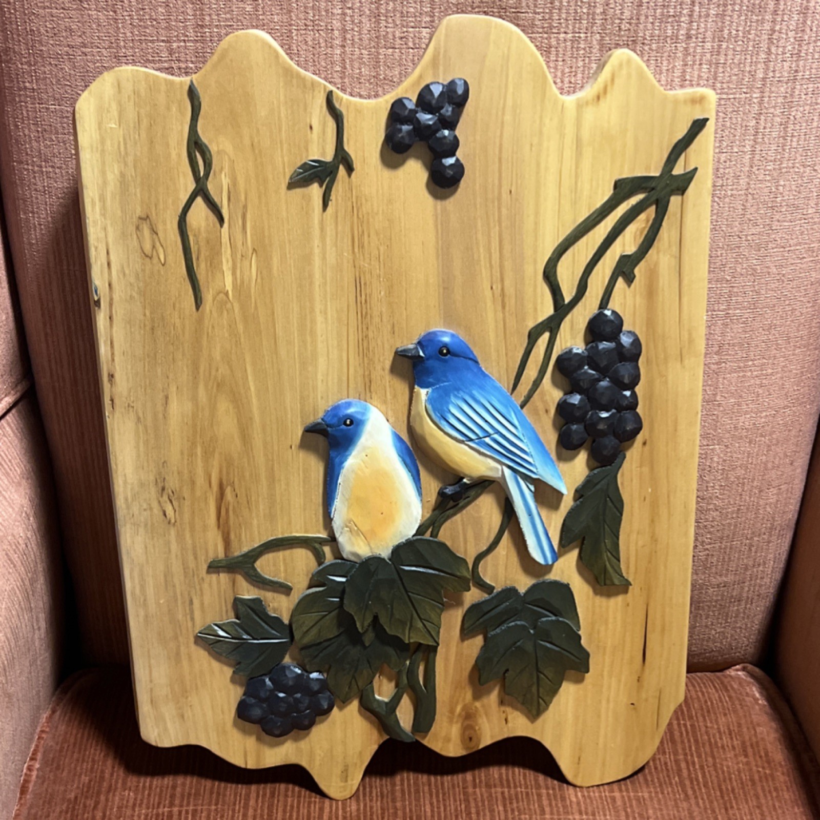 Handmade Wooden blue Birds Nature Wall Plaque Painted Vertical Hanging