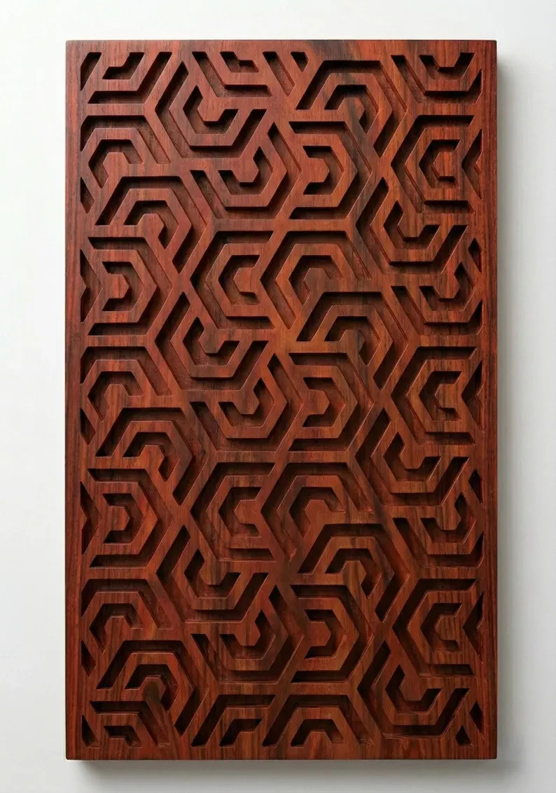 Handcrafted Wooden Wall Art Geometric Wood Carving Panel Modern Plaque Decor