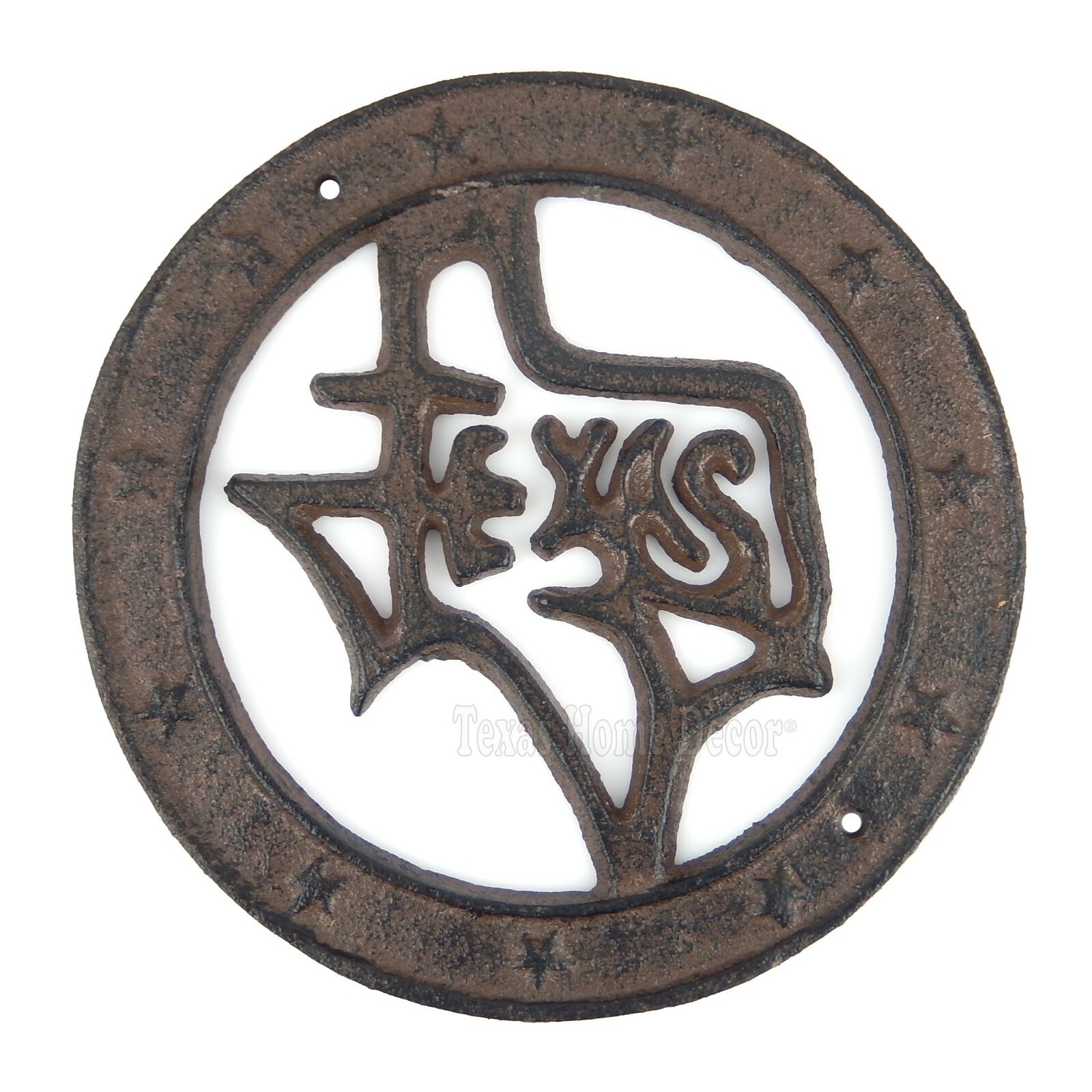 Texas Map Outline Circle Wall Plaque Stars Cast Iron Rustic Western 6.5″