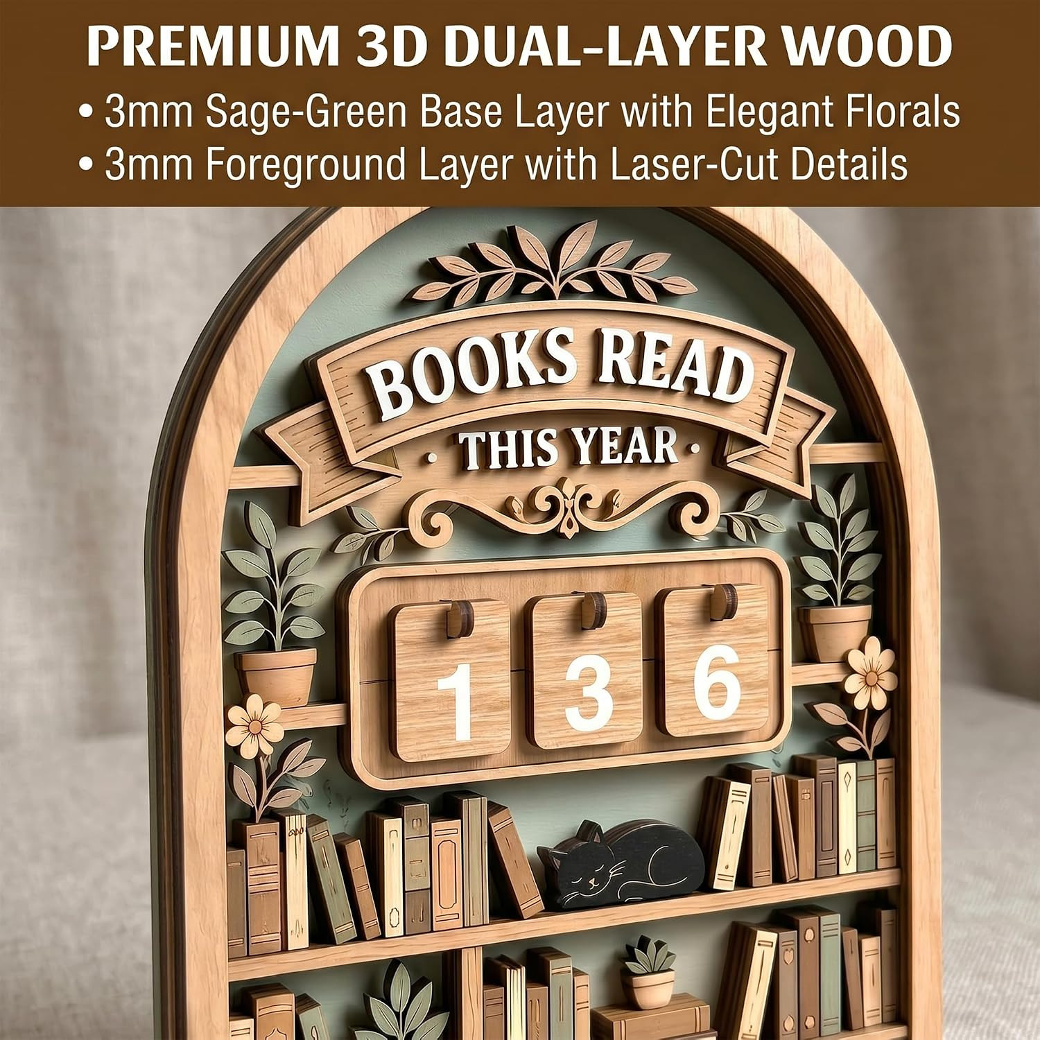 Books Read This Year Tracker Sign – Wooden Reading Counter Shelf Decor, Thoughtf