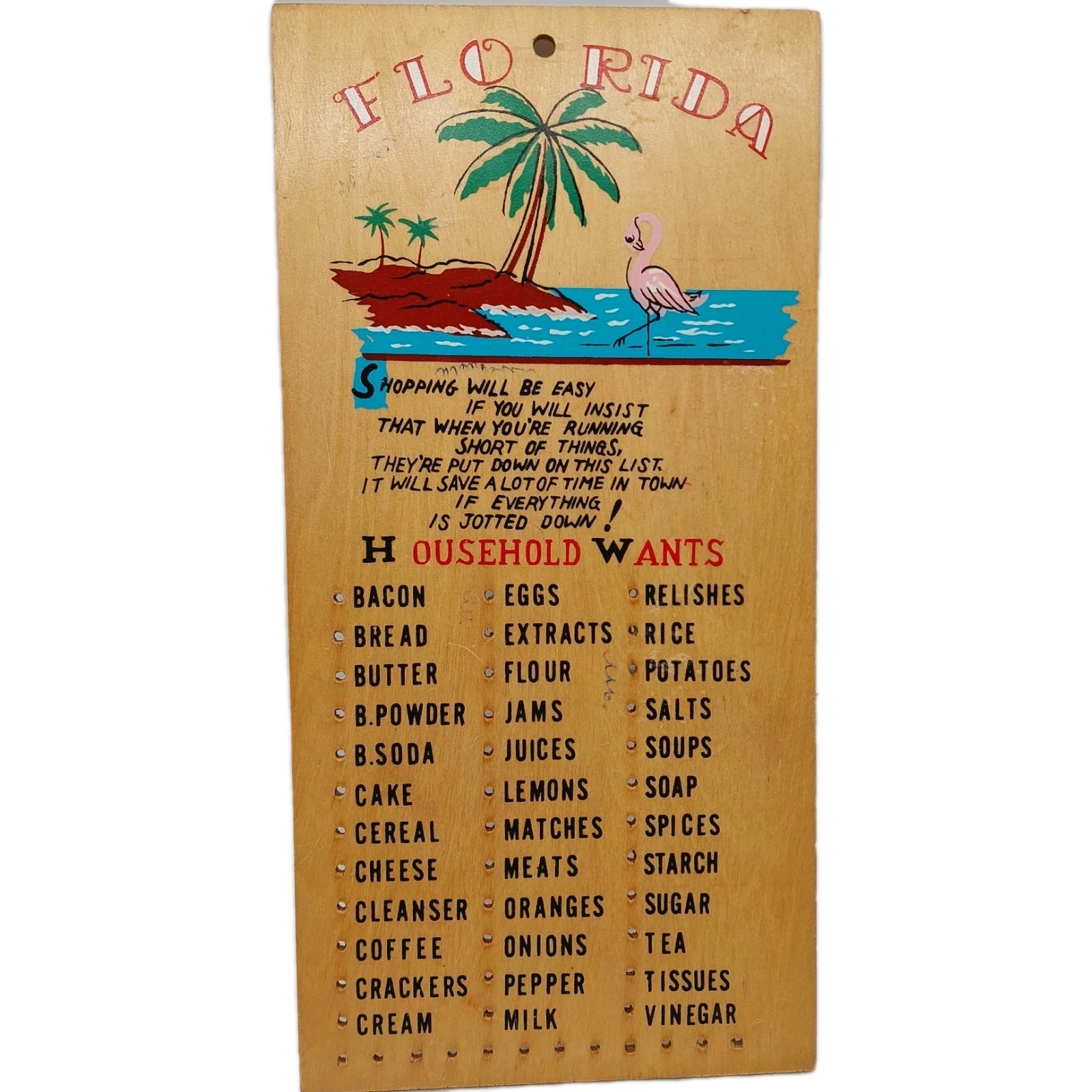 Vintage Florida Wooden Grocery List “Household Wants” Palm Trees Flamingo READ