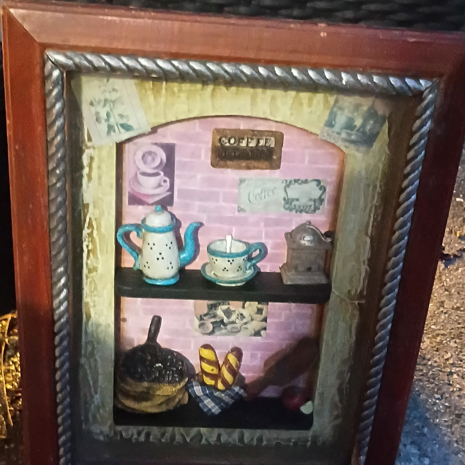 Coffee Theme Shadow Box Wall Plaque, Wood & Glass, Rectangular Vertical