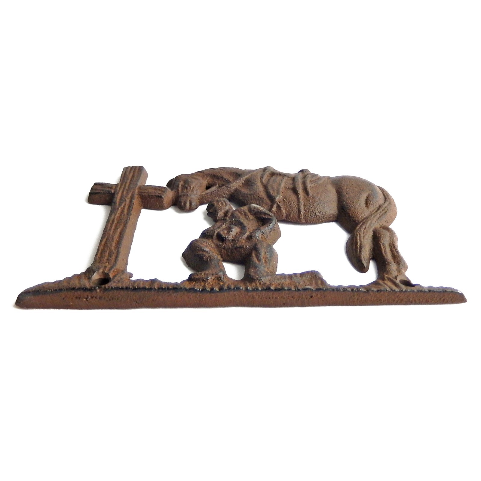 Small Cast Iron Praying Cowboy Rustic Brown Wall Decor Custom Hardware 5 3/4 in