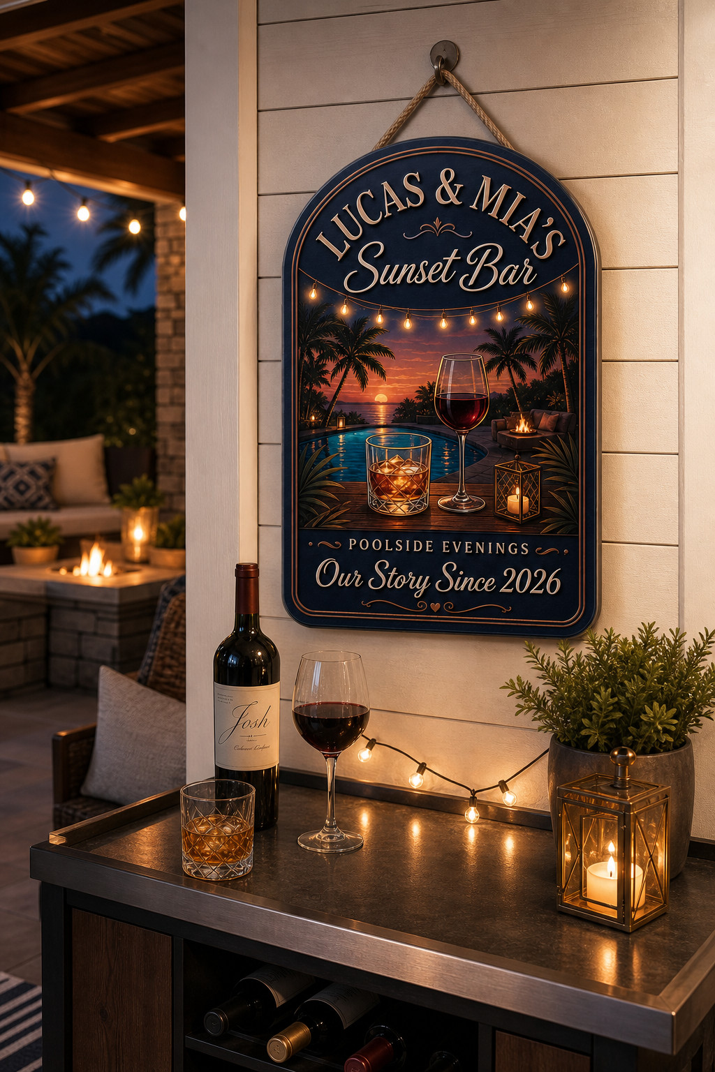 Personalized Wooden Sign for Couple’s Bar, Sunset Poolside Name Sign Since 2026